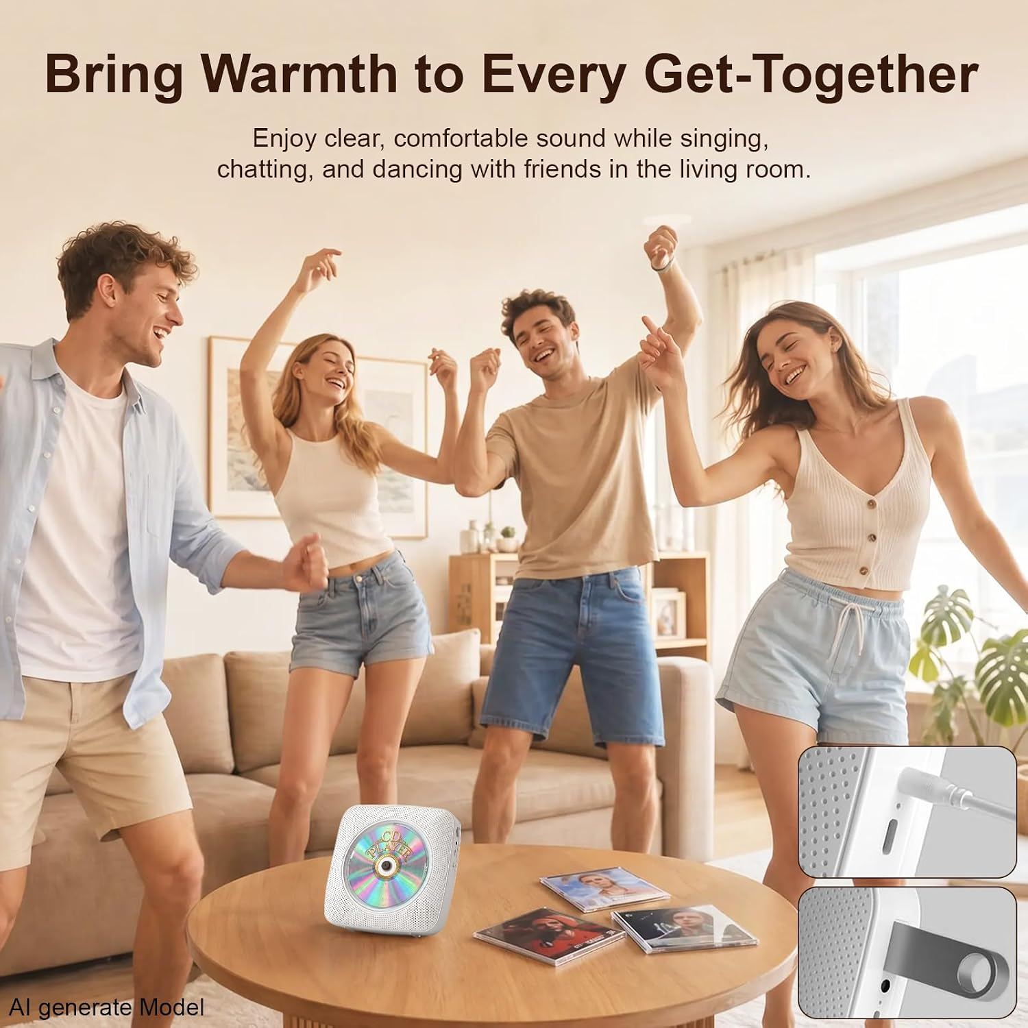 Vier Freunde tanzen und lachen im Wohnzimmer. Ein CD-Player steht auf einem Tisch.
