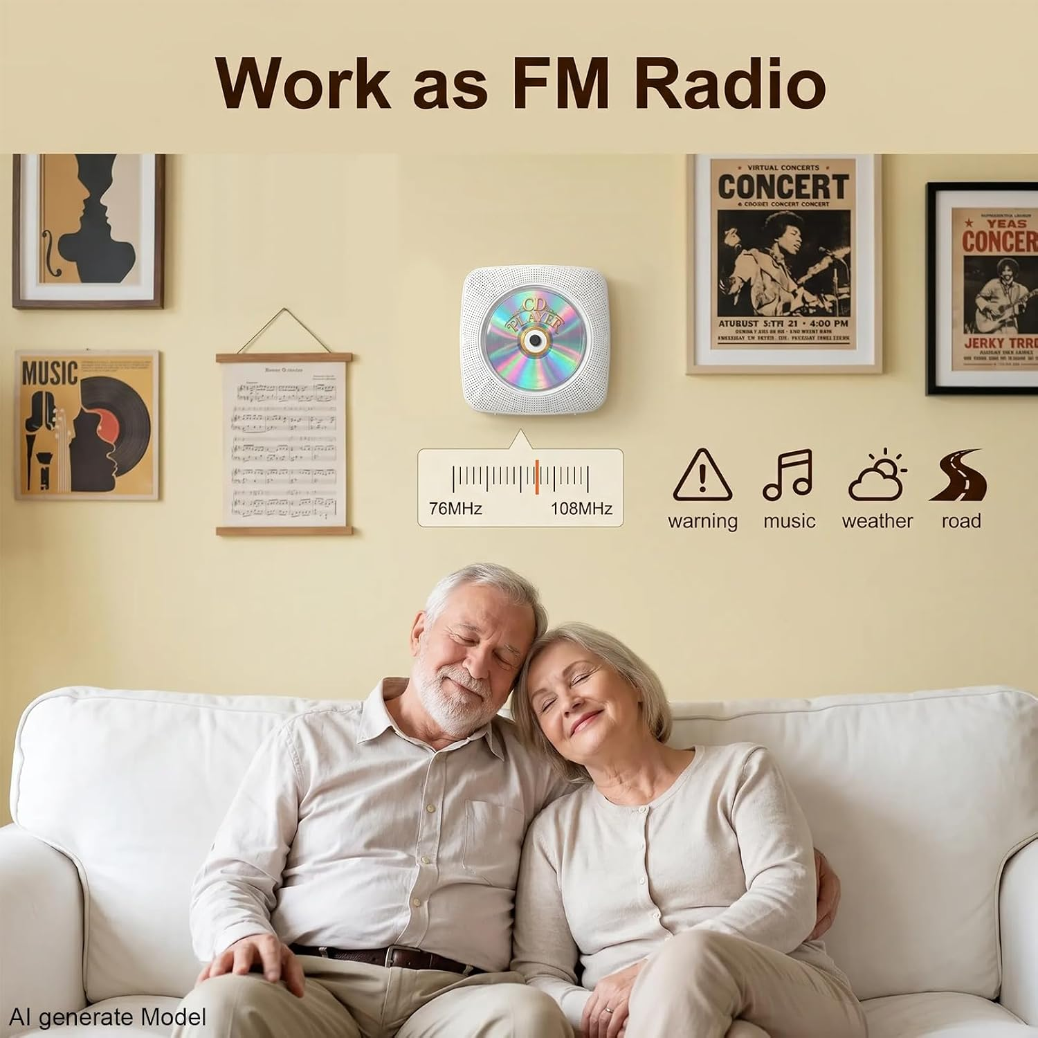 Älteres Paar auf einem Sofa, CD-Player und Konzertposter an der Wand.