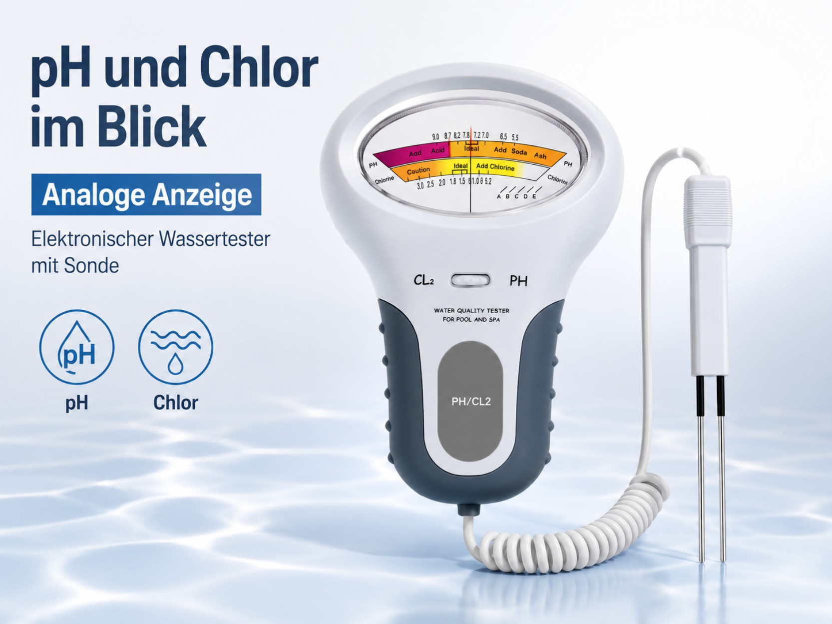 Ein elektronischer Pooltester mit Sonden für pH- und Chlorwerte.