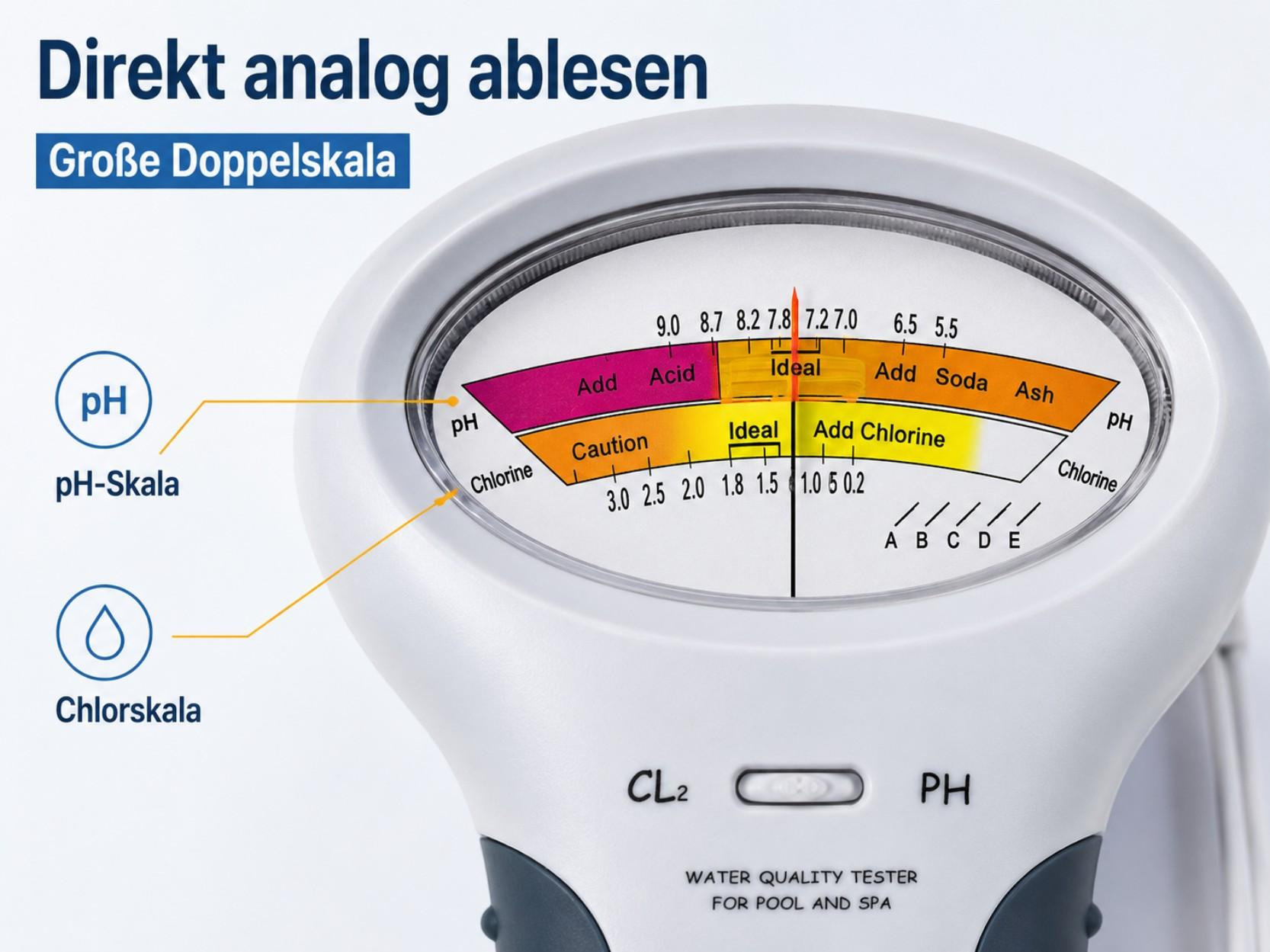 Wasserqualitätsprüfer mit pH- und Chlorskala. Anzeige für Pool und Spa.