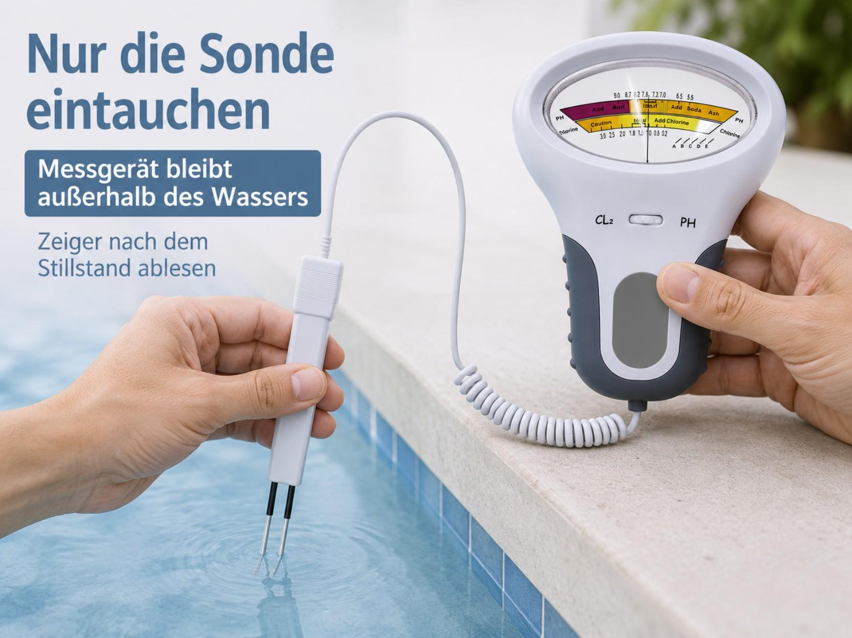 Ein Messgerät wird verwendet, um den pH- und Chlorgehalt im Pool zu testen.