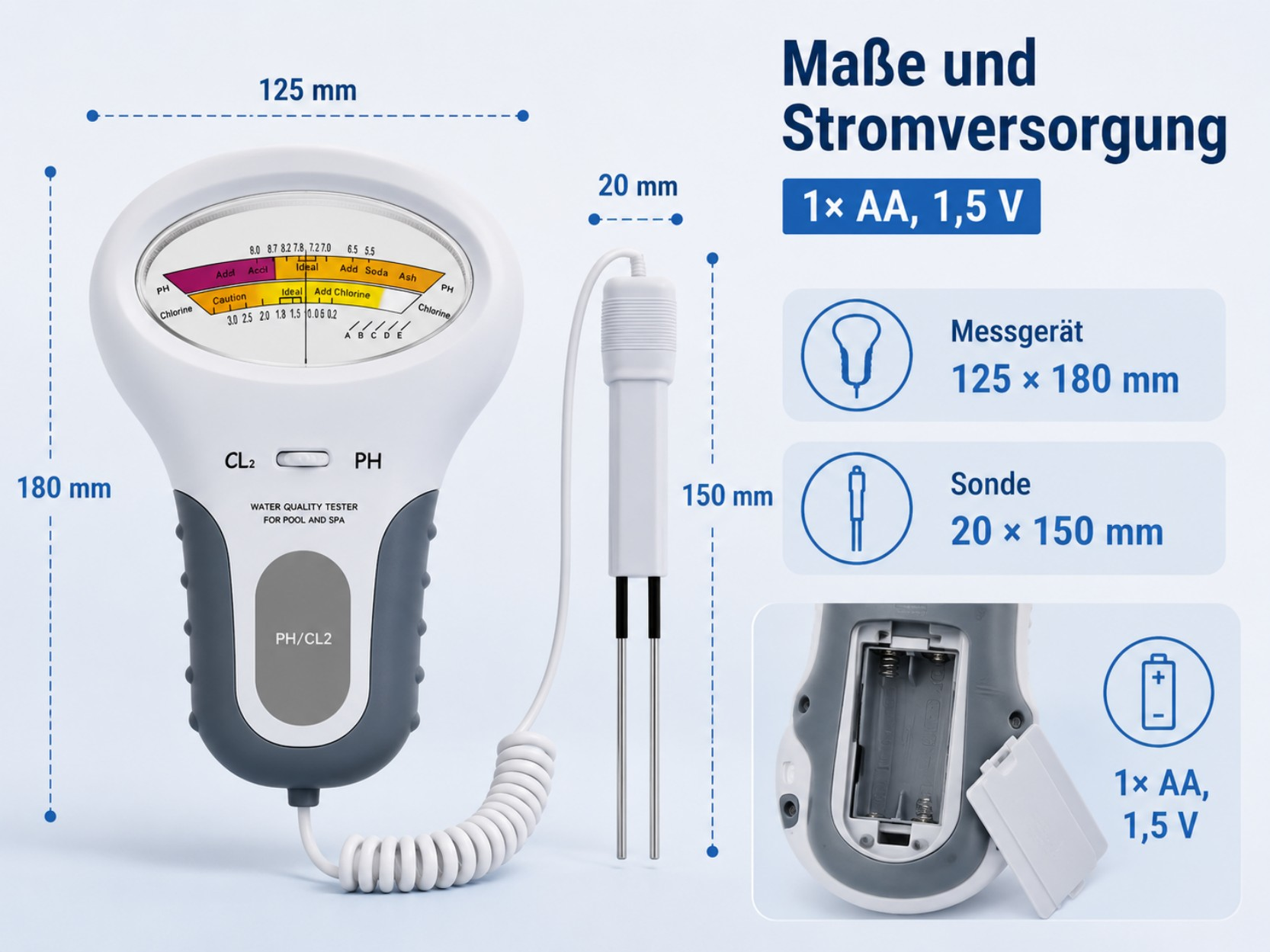 Wasserqualitätstester mit Sonde. Maße und Stromversorgung werden angezeigt.