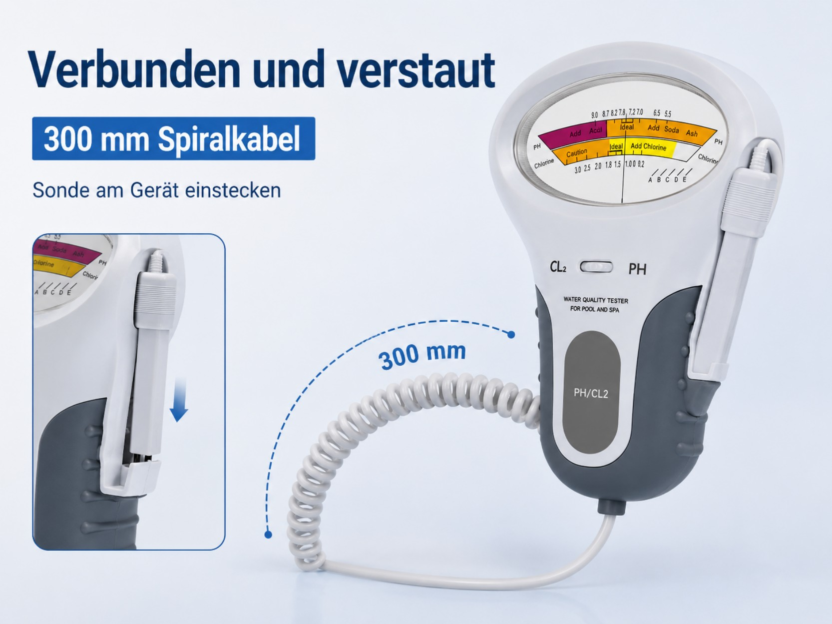 Ein weißes Pool-Wasserqualitätsmessgerät mit einem spiralförmigen Kabel und einer Sonde.