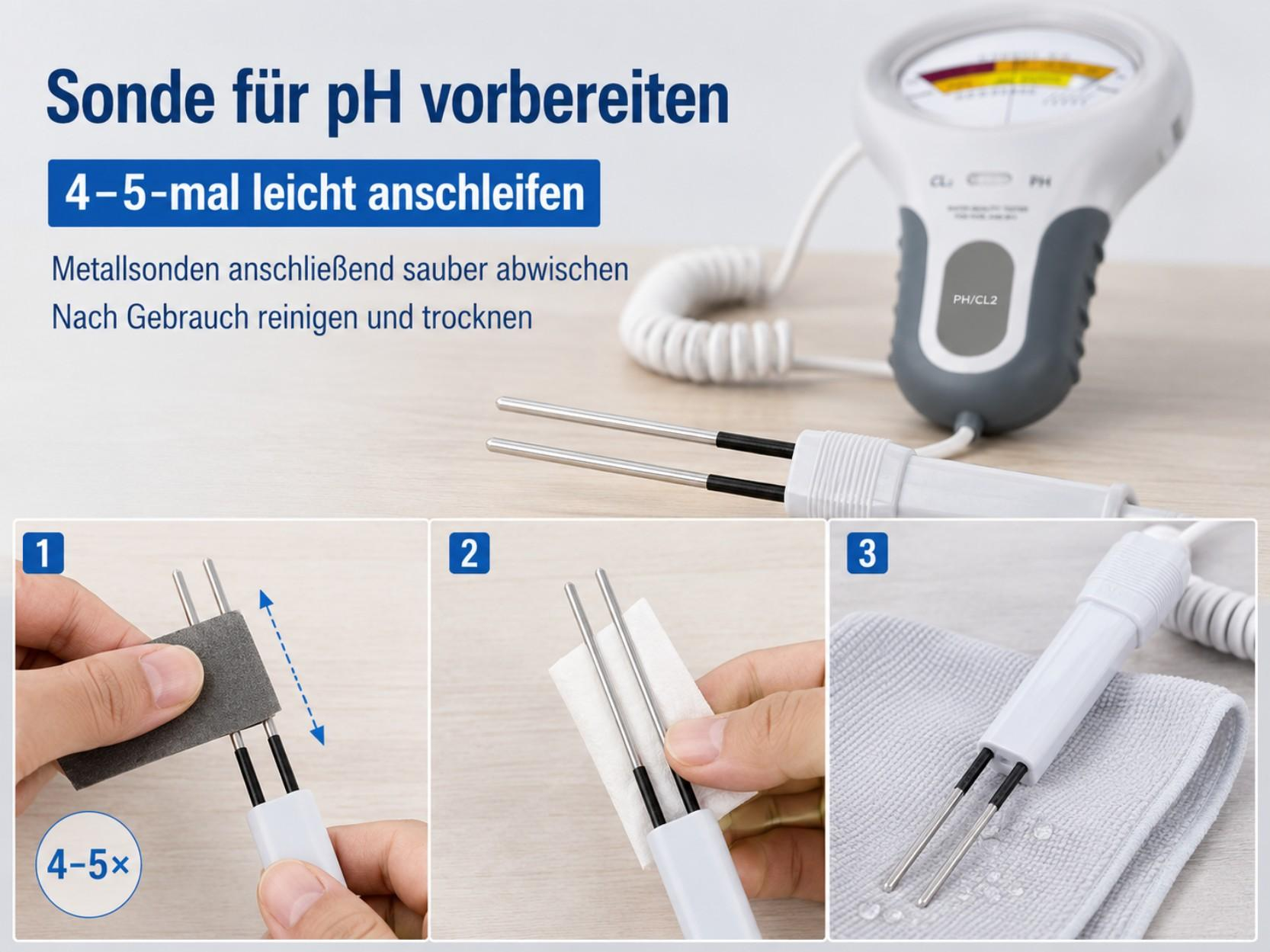 Vorbereitung einer pH-Sonde: schleifen, abwischen, trocknen