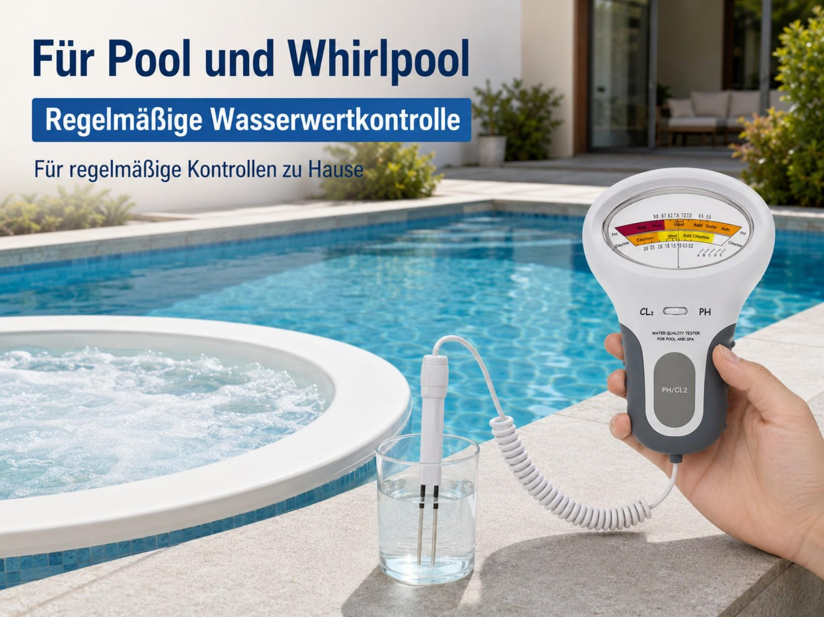 Ein Tester misst die Wasserwerte eines Whirlpools neben einem Pool. Text auf Deutsch.