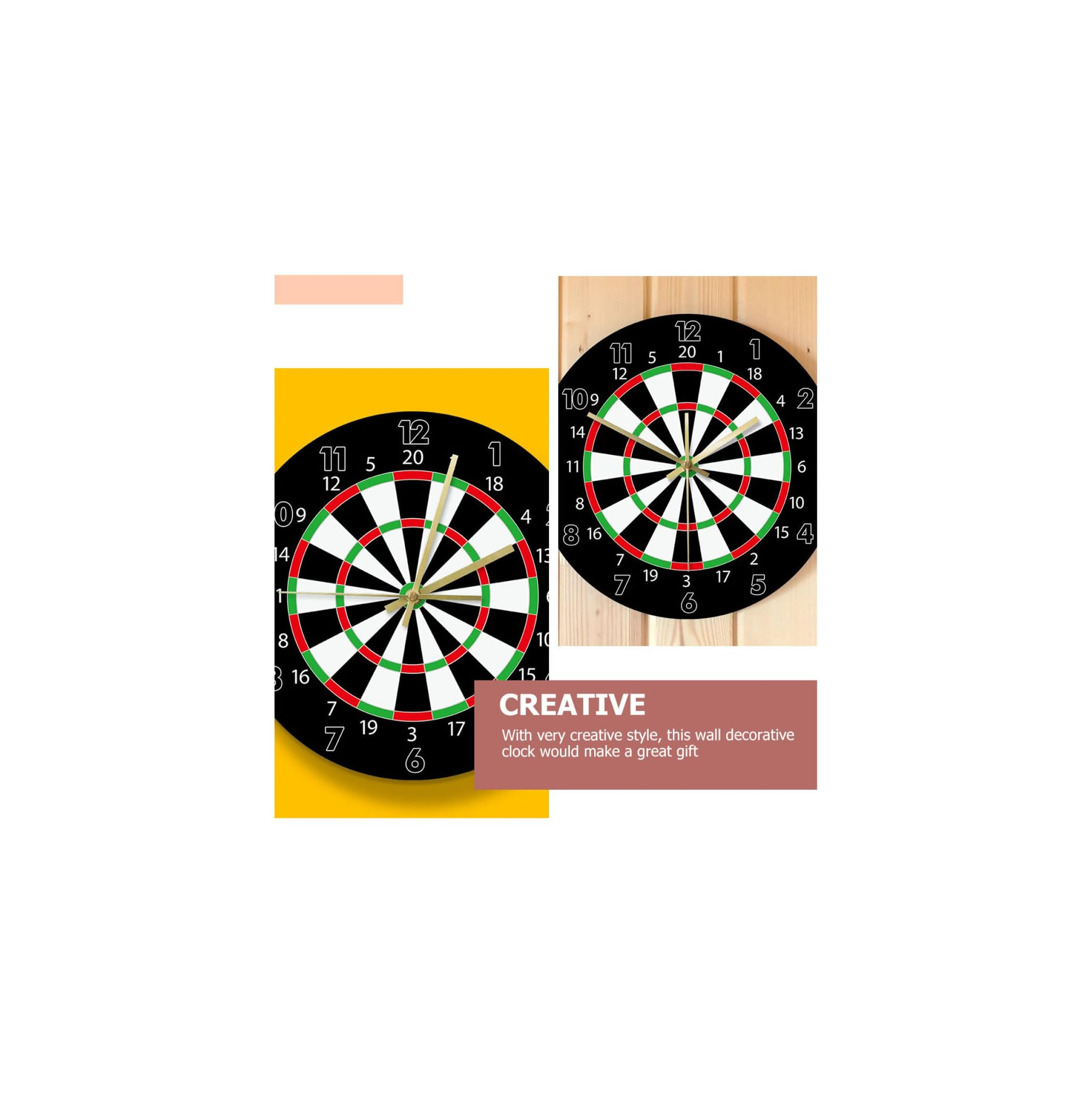 Zwei Dartboard-Uhren, eine auf gelbem, eine auf Holz hintergrund.