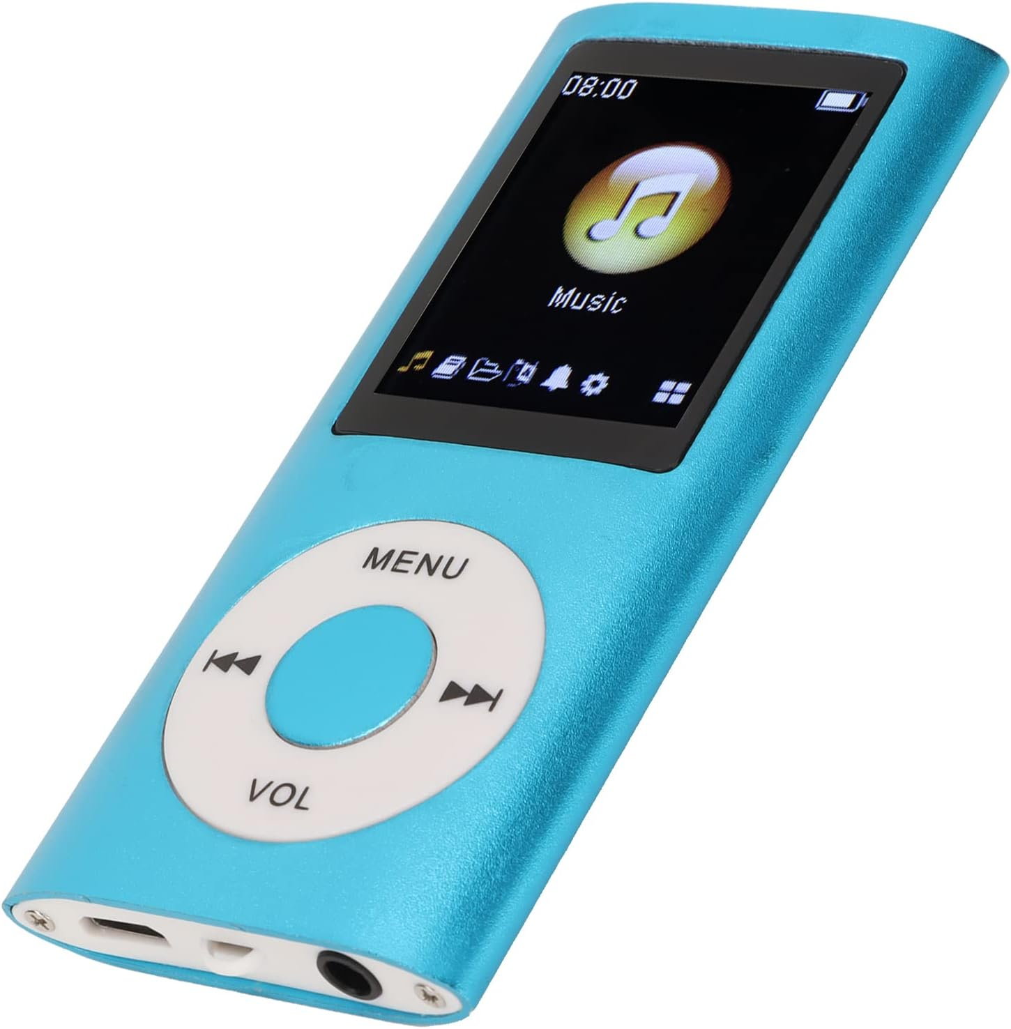 Ein blauer MP3-Player mit einem Bildschirm, der ein Musiksymbol und Bedienelemente anzeigt.