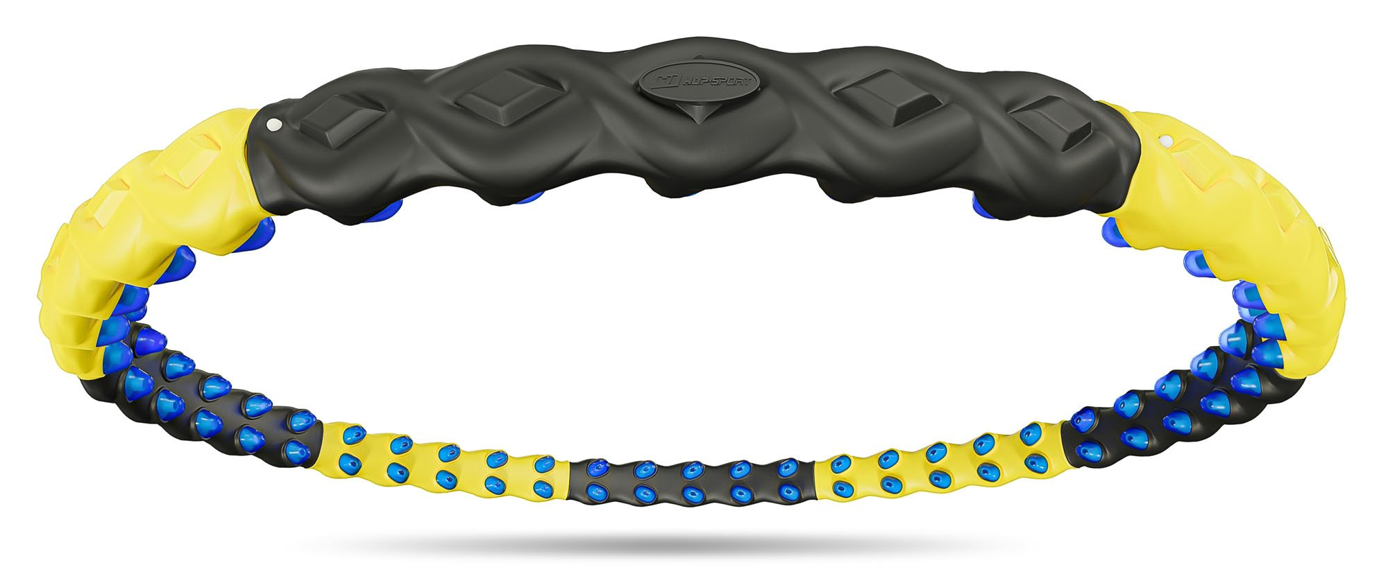 Ein gelber und schwarzer Hula-Hoop-Reifen mit blauen Noppen, auf weißem Hintergrund.