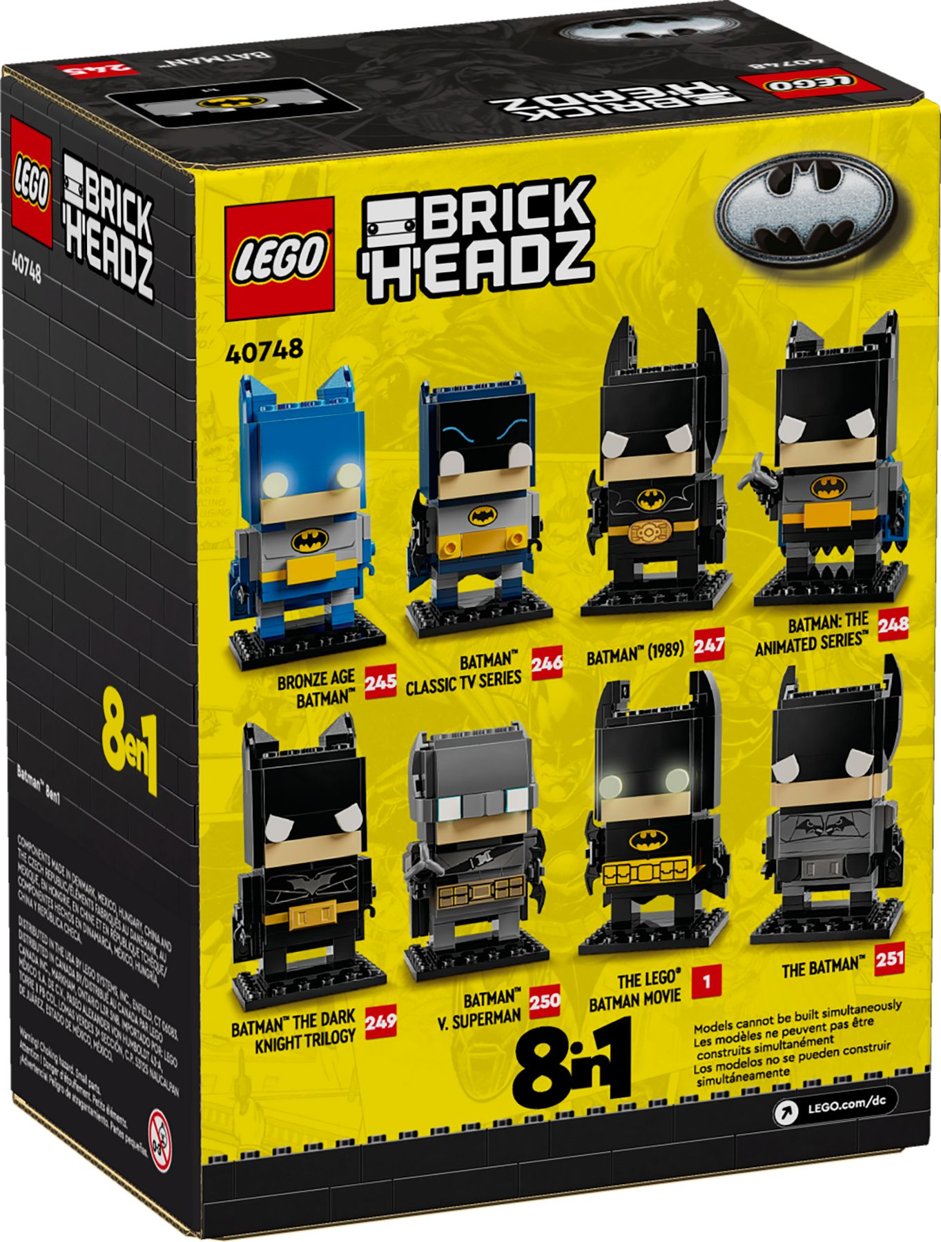 Die Verpackung zeigt acht Lego BrickHeadz Batman-Figuren in verschiedenen Designs.