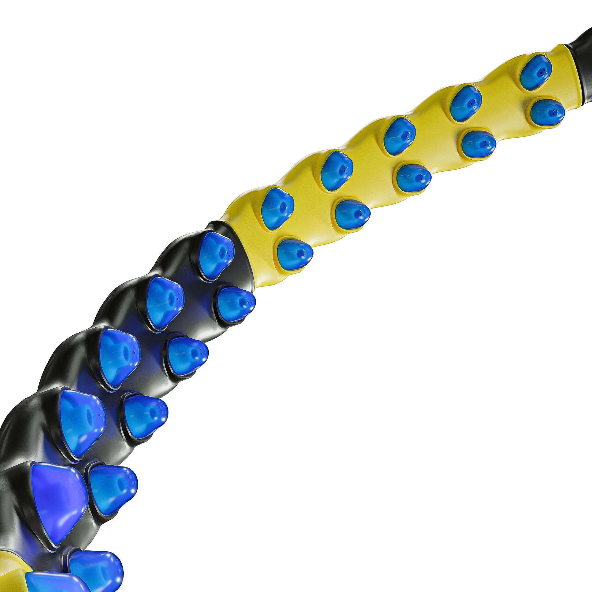 Ein gelbes und schwarzes Objekt mit blauen Spitzen, das sich nach rechts krümmt.