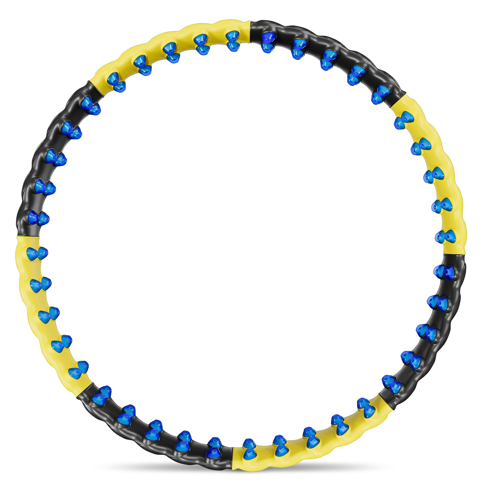 Gelber und schwarzer Hula-Hoop-Reifen mit blauen Noppen.