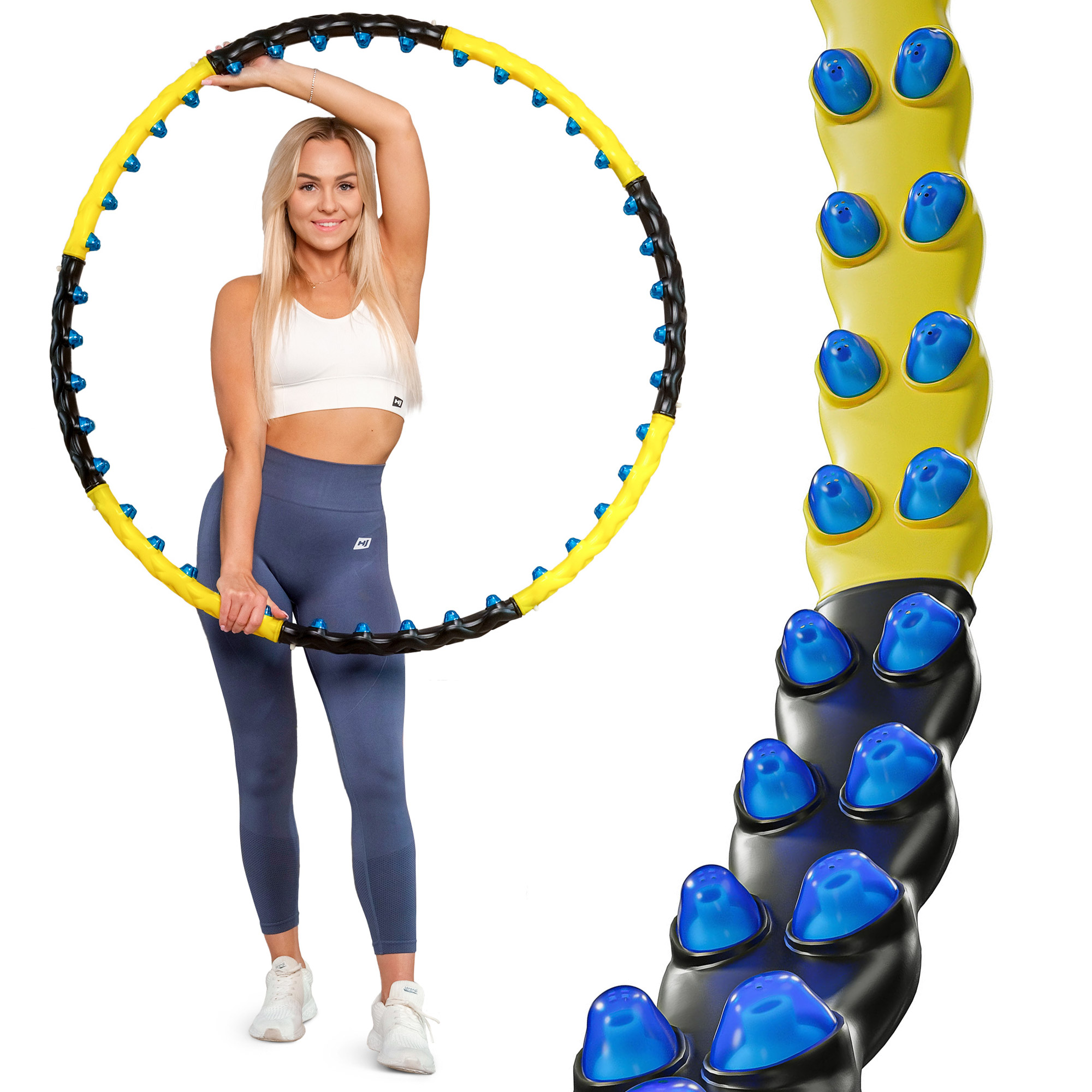 Frau mit Hula-Hoop-Reifen, gelb und schwarz mit blauen Noppen.