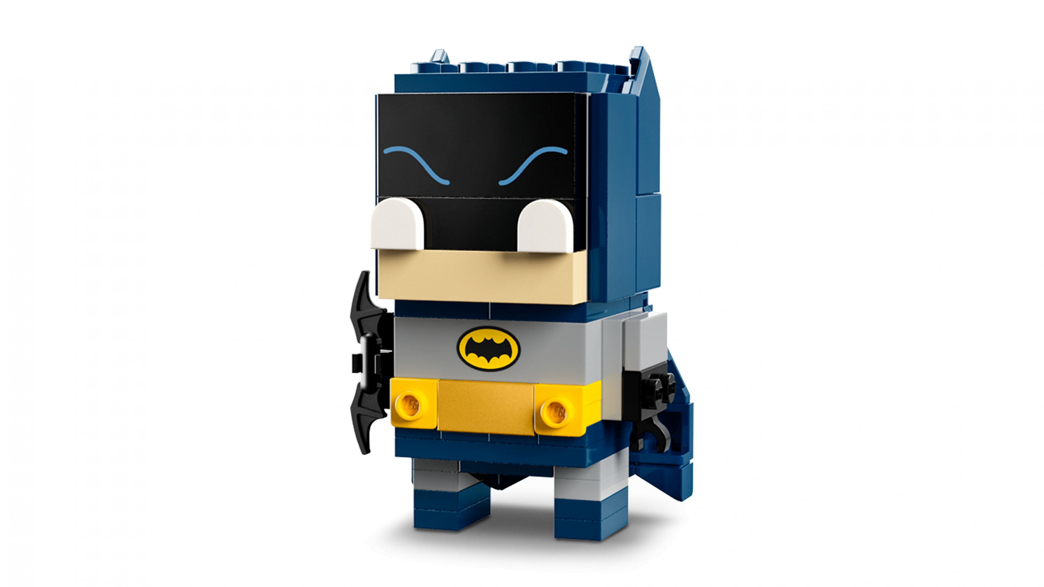 Ein Lego-Batman mit blauem Umhang, grauem Torso und gelbem Gürtel.