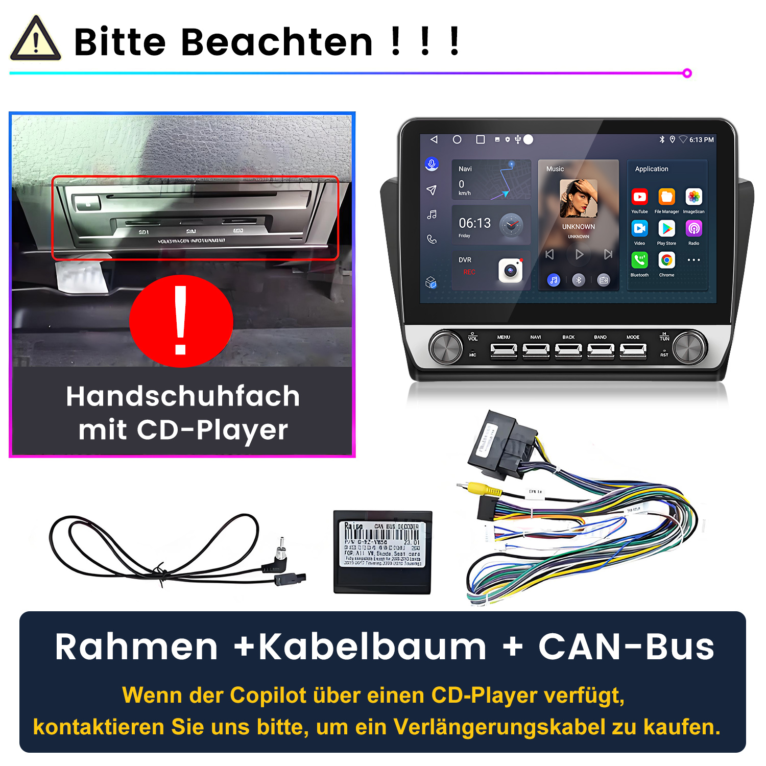 Ein Auto-Infotainmentsystem mit CD-Schlitz, Kabelbaum und CAN-Bus-Adapter.