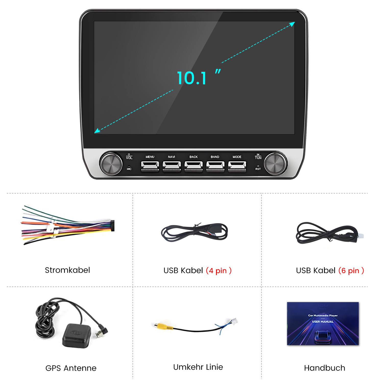 Ein 10,1-Zoll-Autoradio mit Zubehör: Kabel, GPS-Antenne, Handbuch.