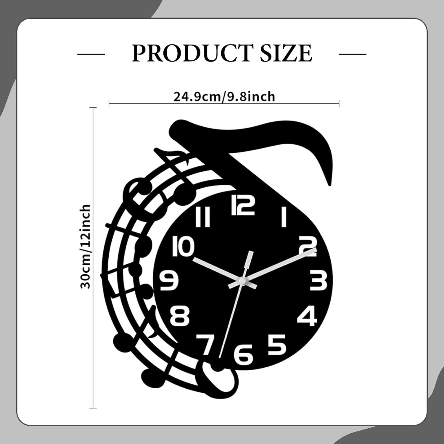 Schwarze Wanduhr mit Noten-Design. Gröe 30x24.9cm. Zeigt 12 Ziffern.