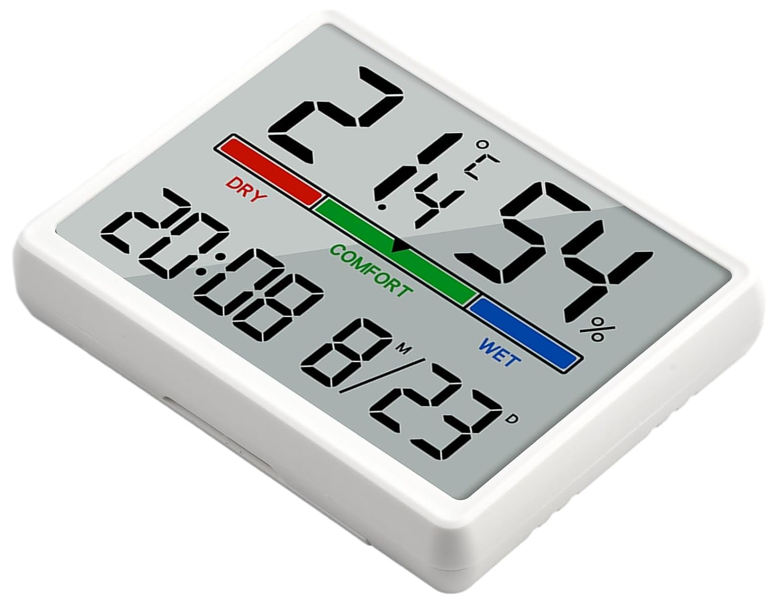Digitaler Thermometer und Hygrometer zeigt 21,4°C und 54% Luftfeuchtigkeit an.