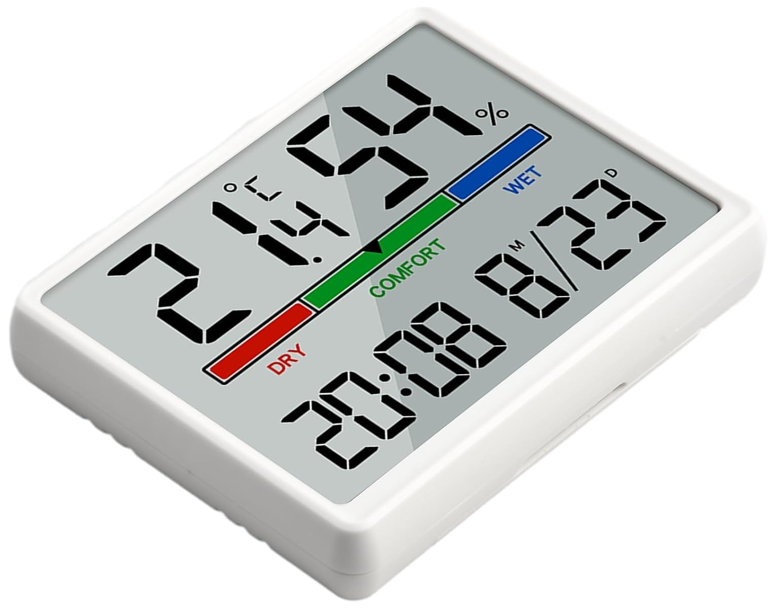 Ein weißes Digitalthermometer zeigt 21,4°C, 54% Luftfeuchtigkeit, 8/23 und 20:08 an.