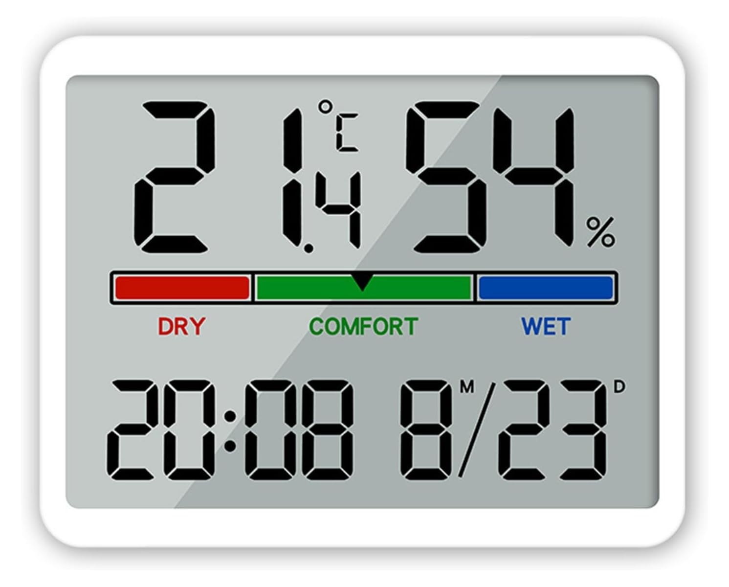 Digitales Thermometer zeigt 21.4°C und 54% Luftfeuchtigkeit, darunter Zeit und Datum.