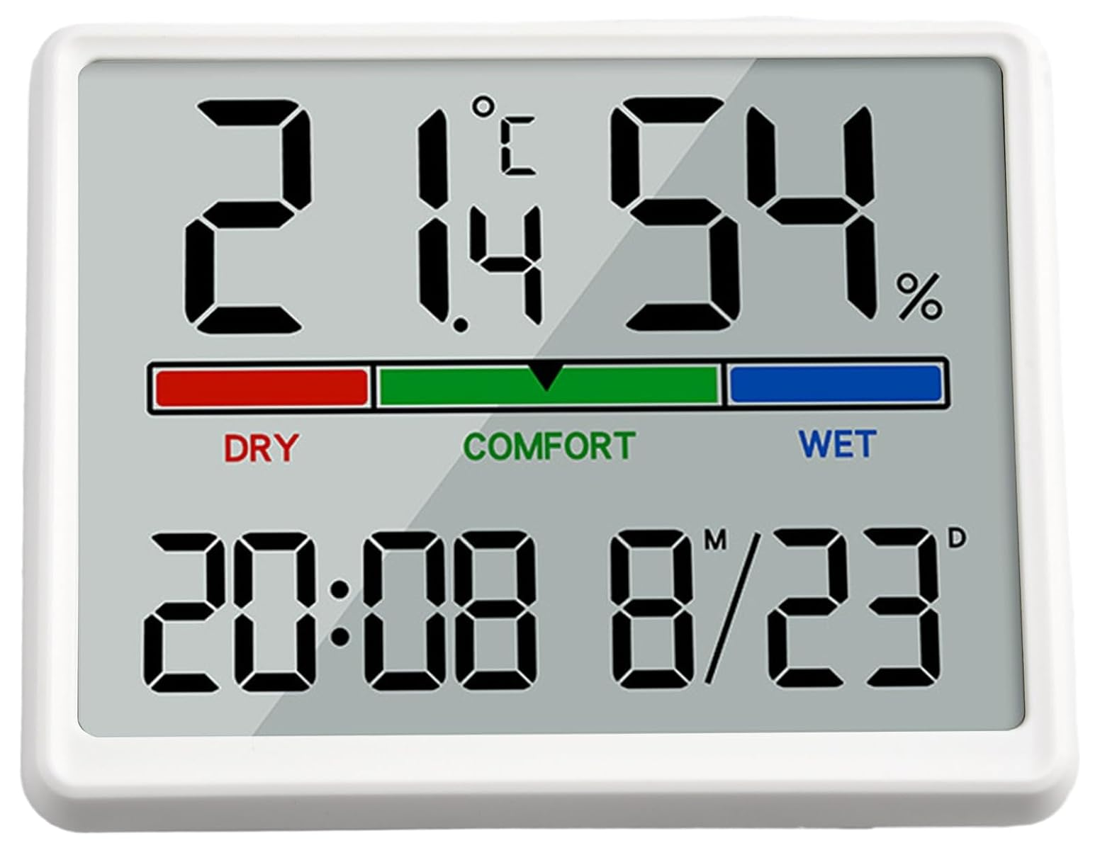 Digitales Thermometer und Hygrometer zeigt 21,4°C und 54% Luftfeuchtigkeit an.