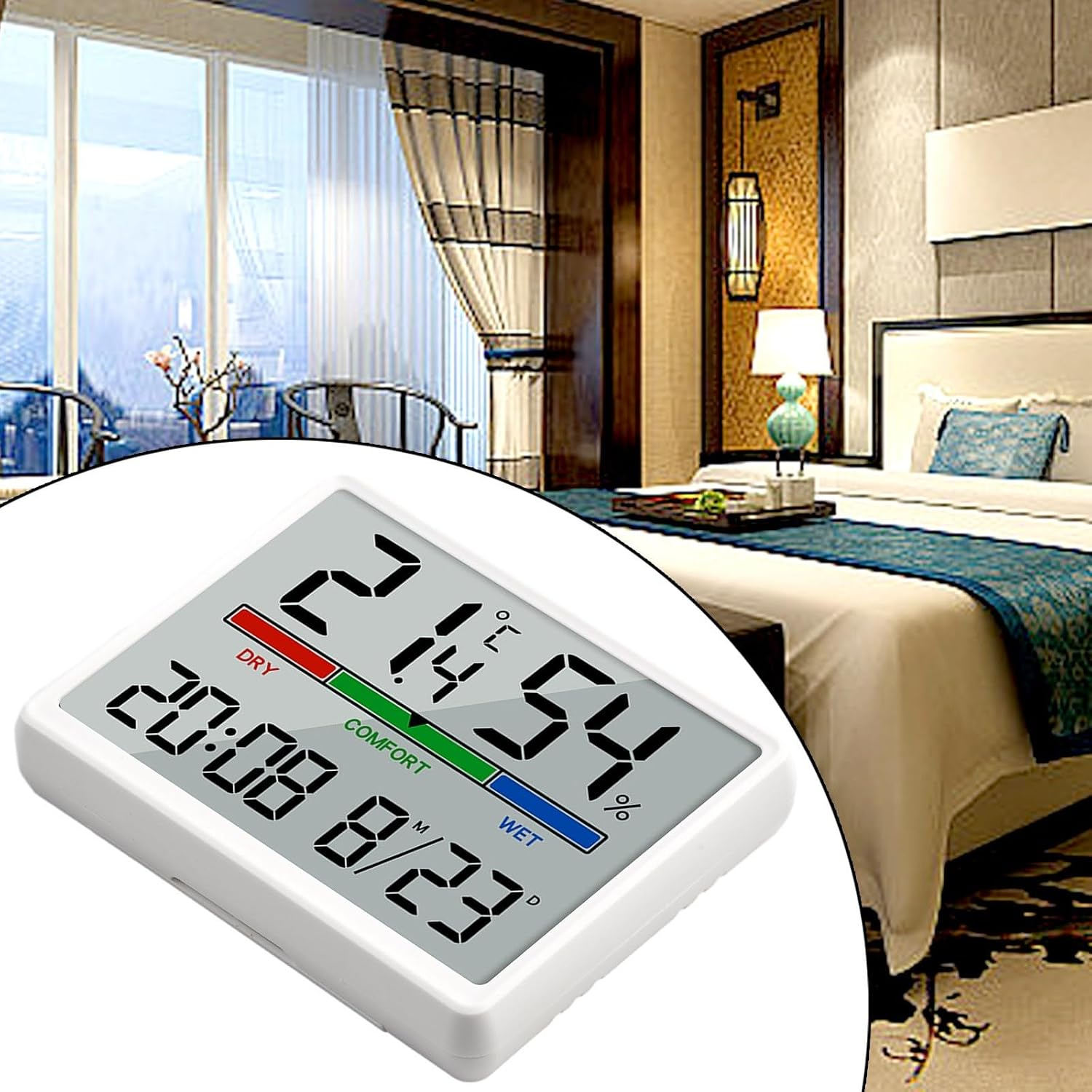 Ein digitales Thermometer/Hygrometer zeigt 21.4°C und 54% Luftfeuchtigkeit an.