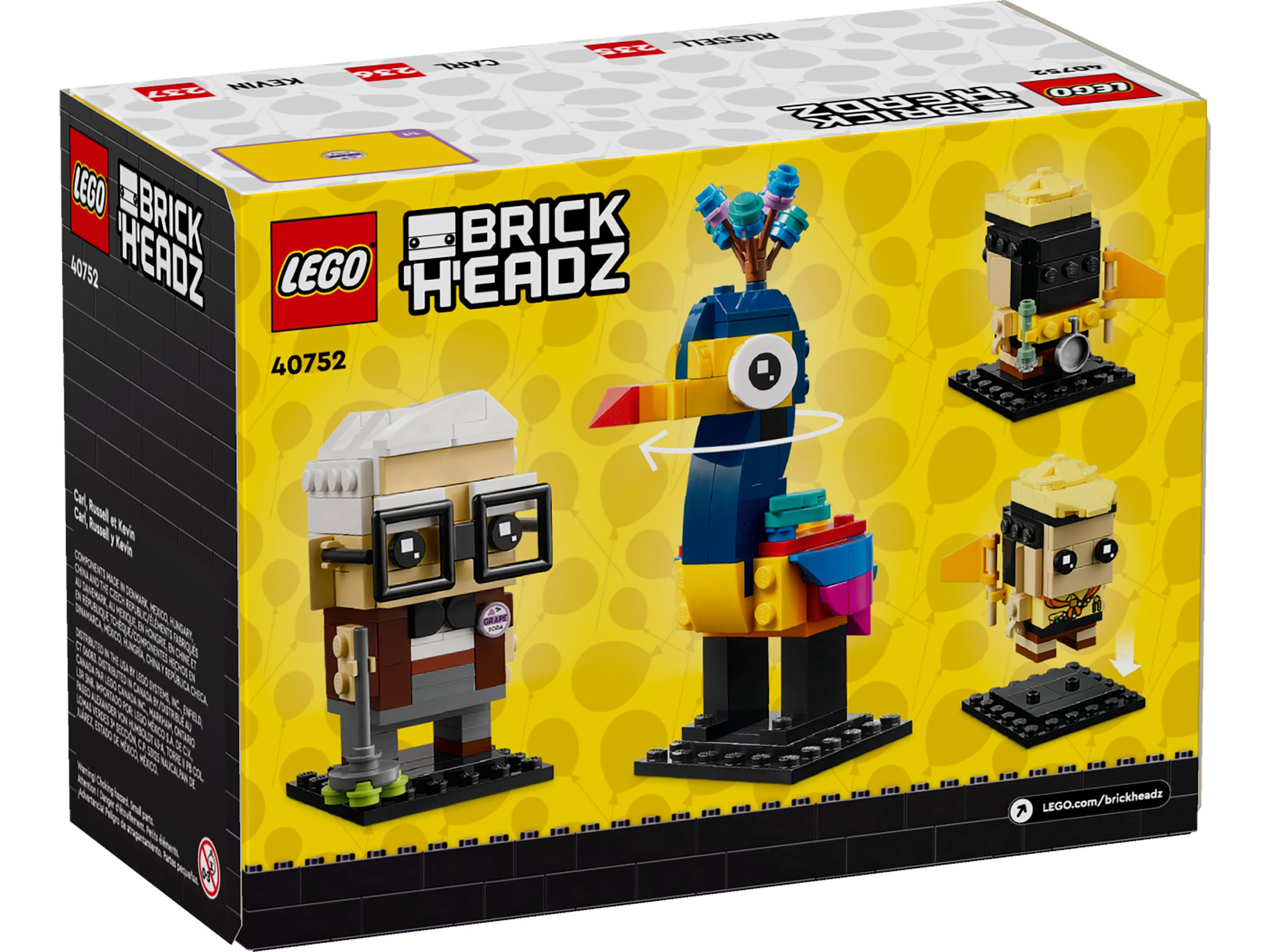 Lego BrickHeadz-Verpackung mit Figuren: Carl, Kevin und Russell.