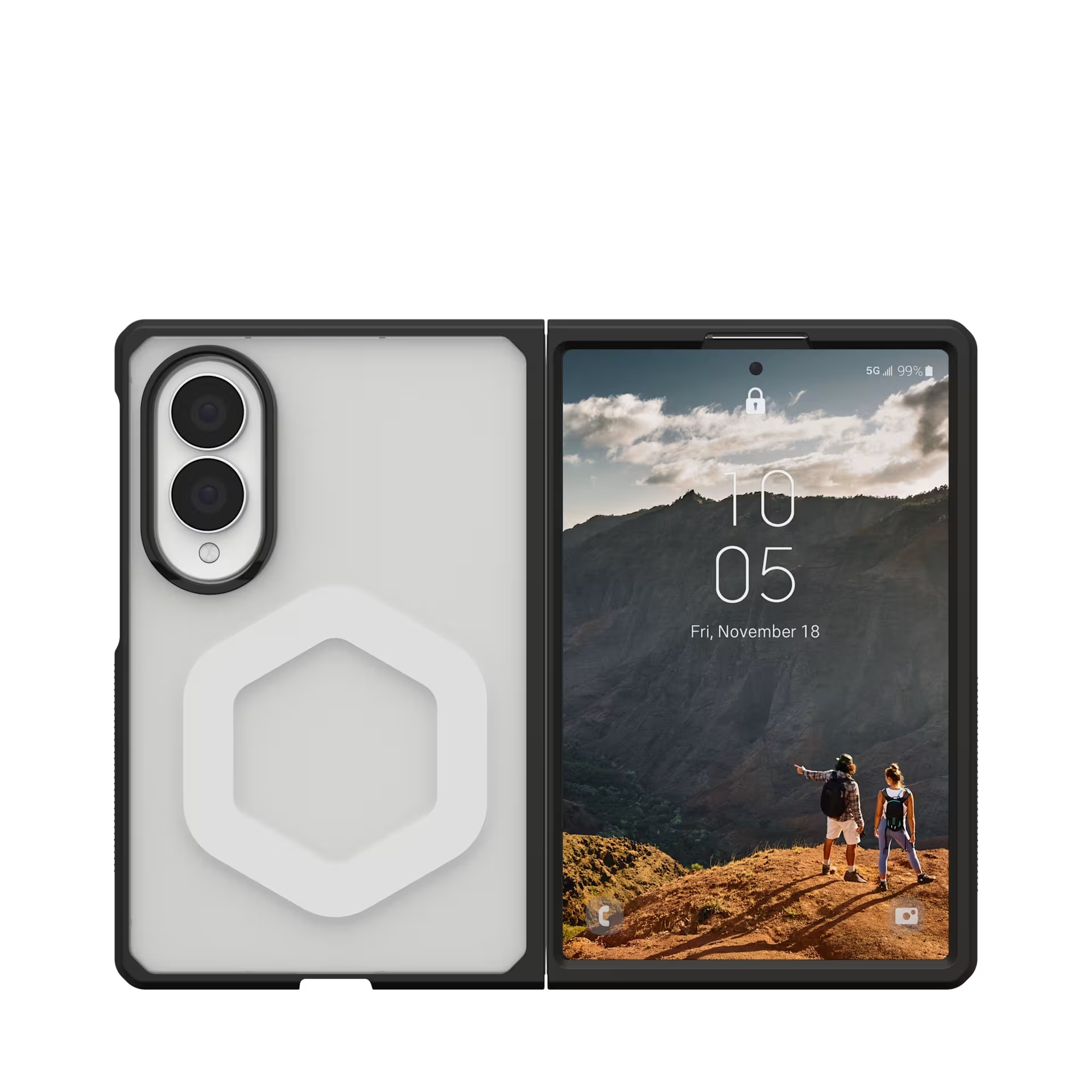 Gefaltetes Smartphone mit Kamera und sechseckigem Muster; geöffnet zeigt es eine Landschaft.