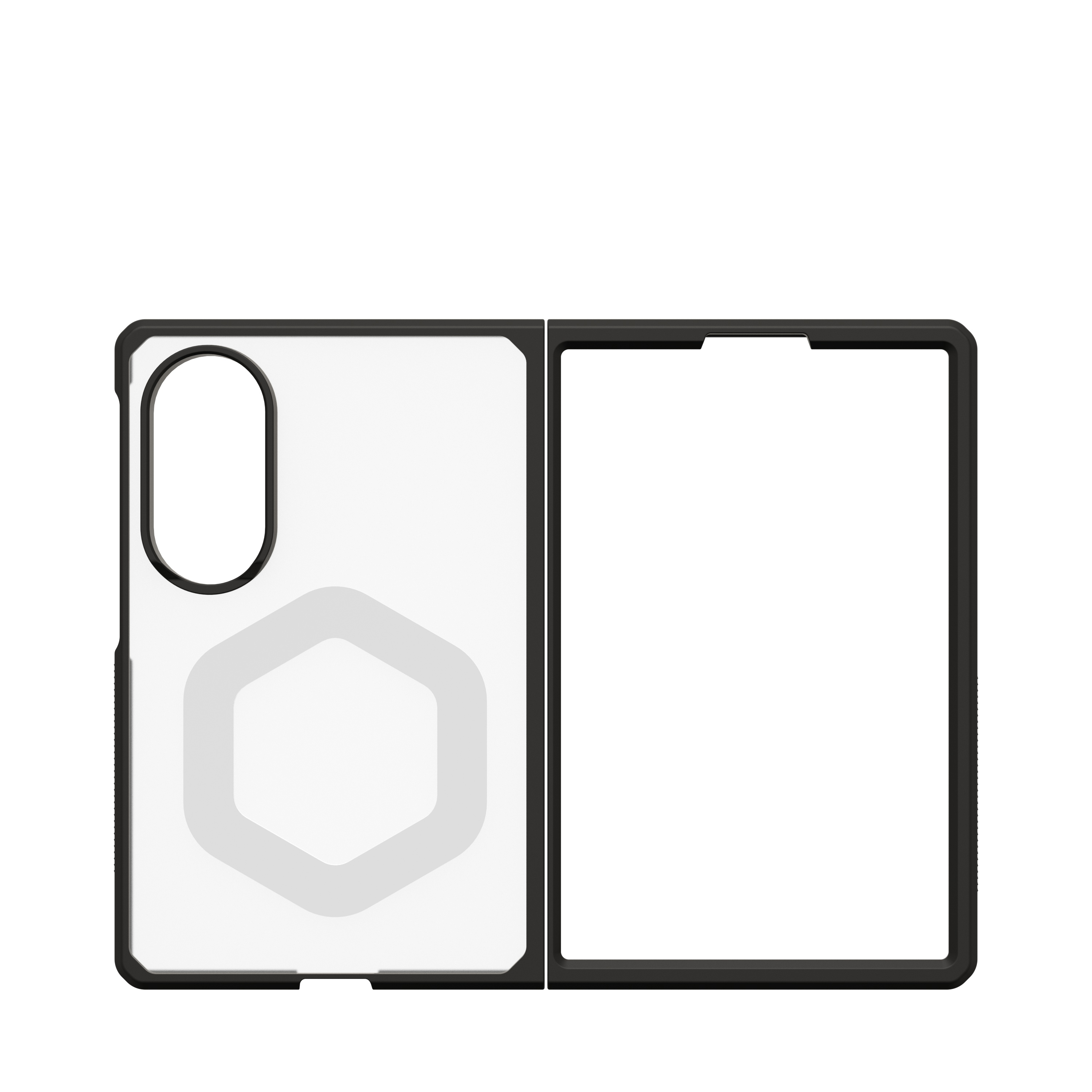 Ein transparenter Handyhülle mit schwarzem Rahmen und sechseckigem Muster.