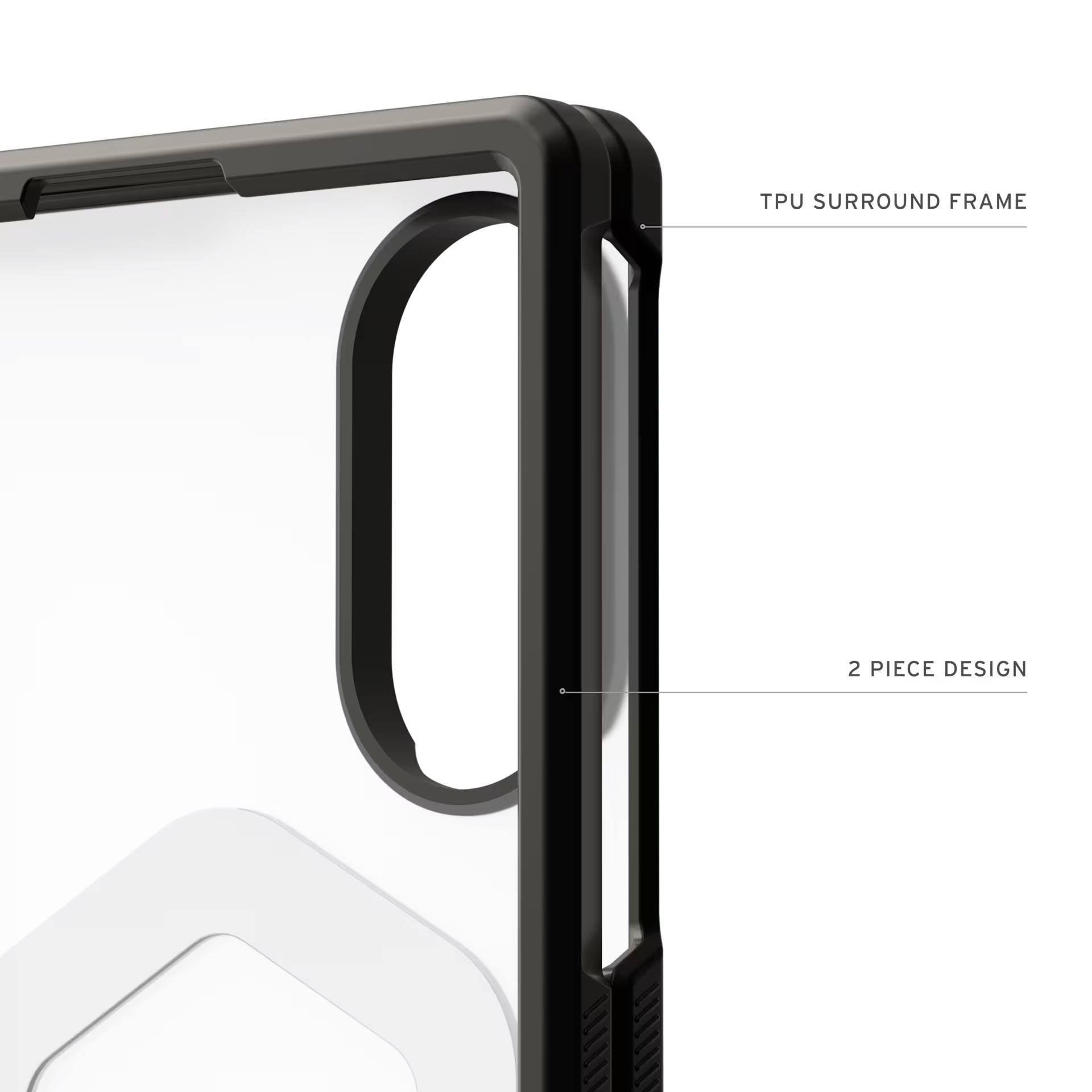 Transparenter Handyhülle-Rahmen mit schwarzem TPU-Rand. Zeigt "2 Piece Design" an.