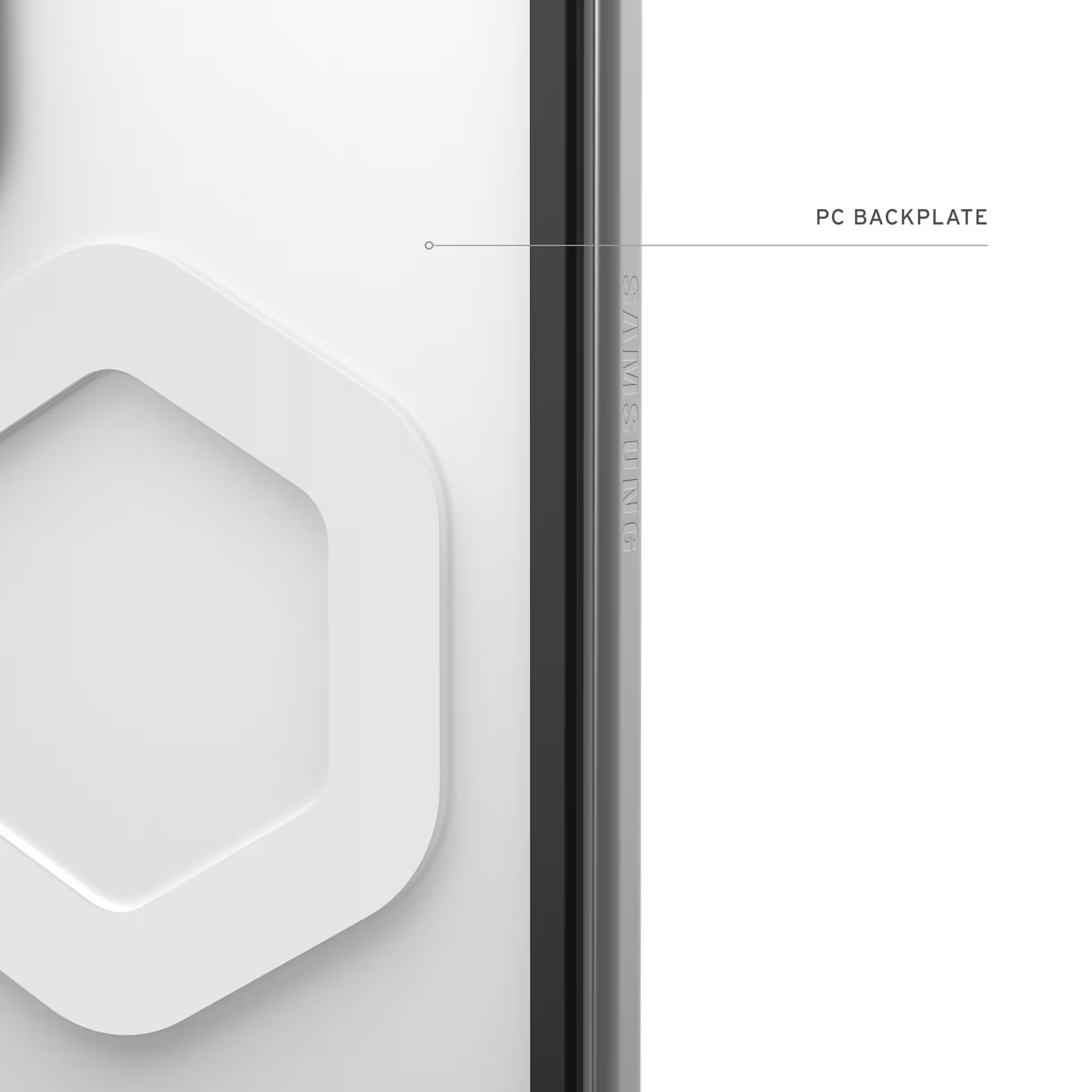 Eine weiße sechseckige Form auf einem weißen Hintergrund mit SAMSUNG-Logo.