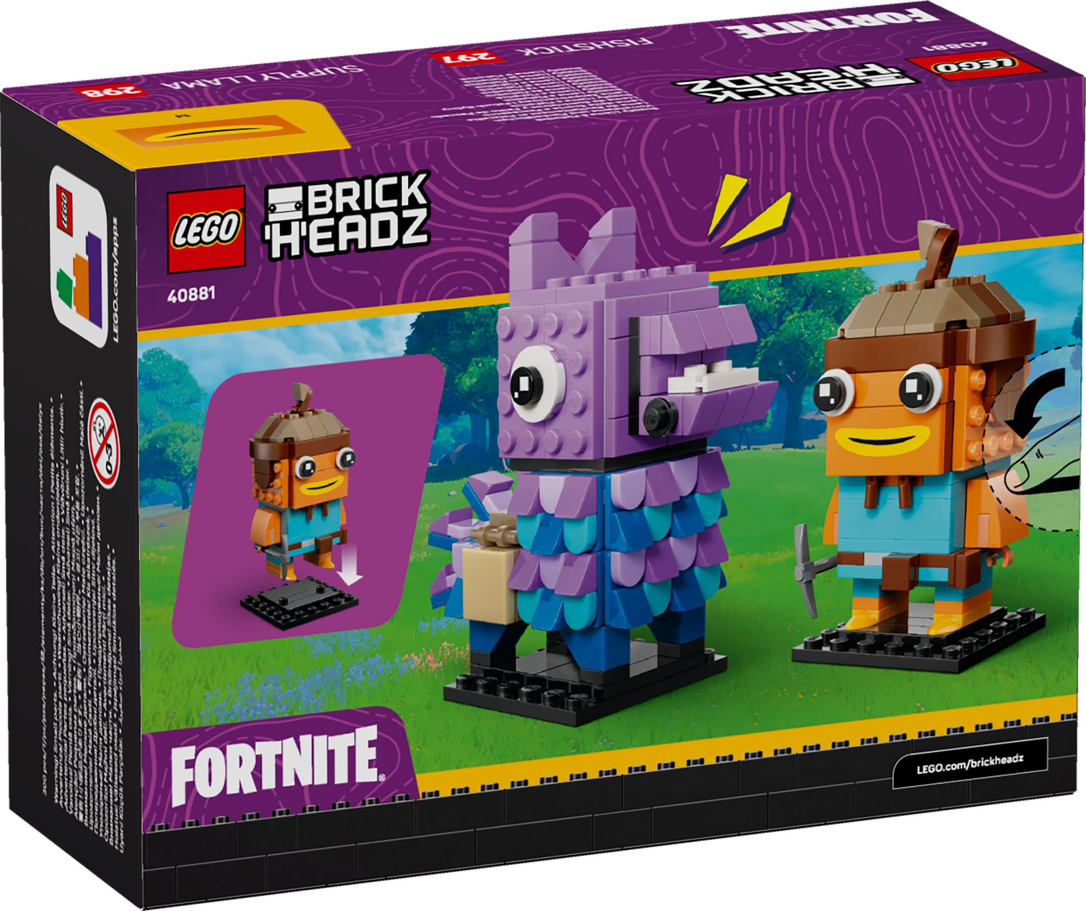 LEGO Fortnite Bausatz mit einem lilafarbenen Lama und einem Fischmenschen-Charakter.