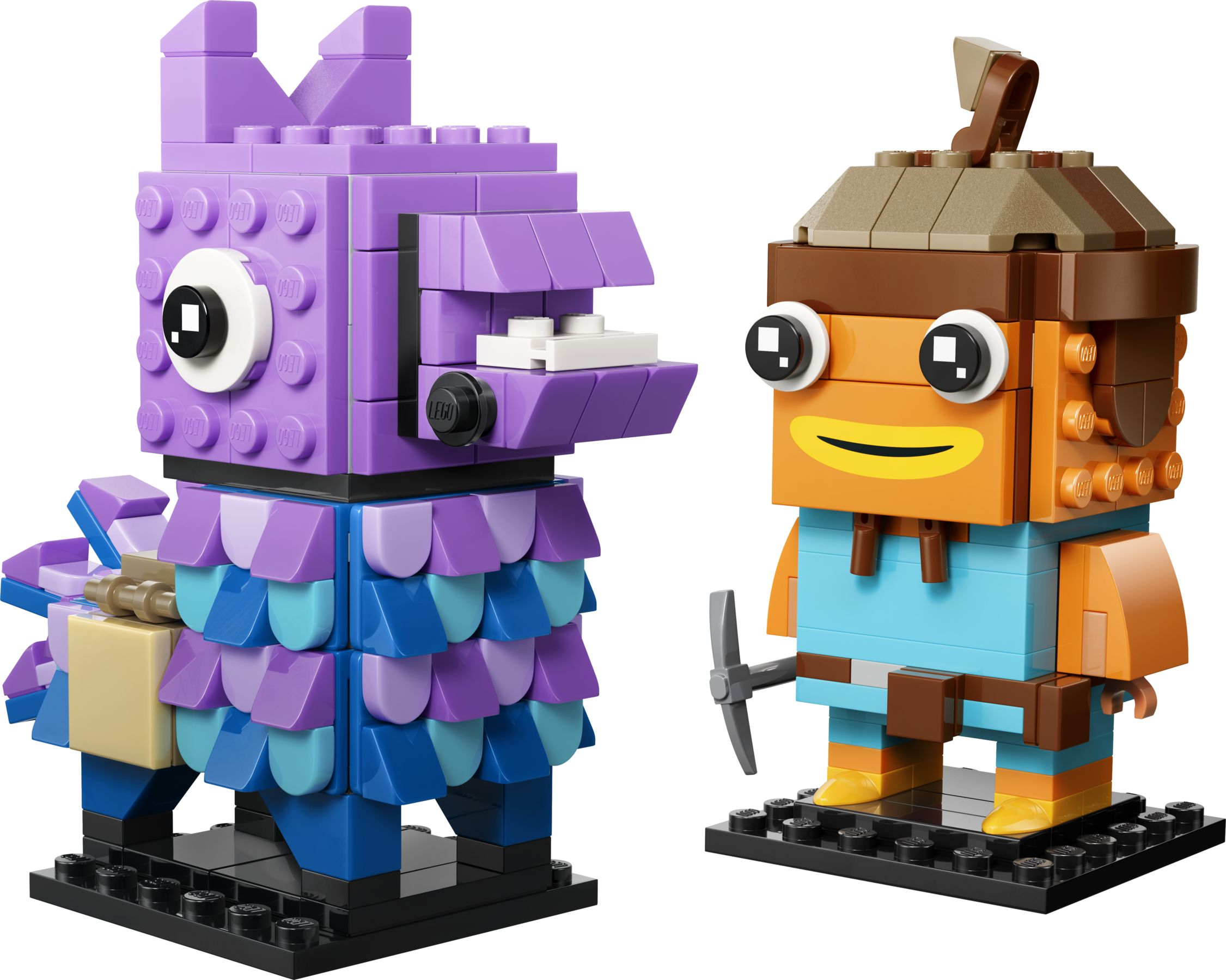 Lego-Figur eines lila Lamas und eines orangefarbenen Fisches mit Spitzhacke.