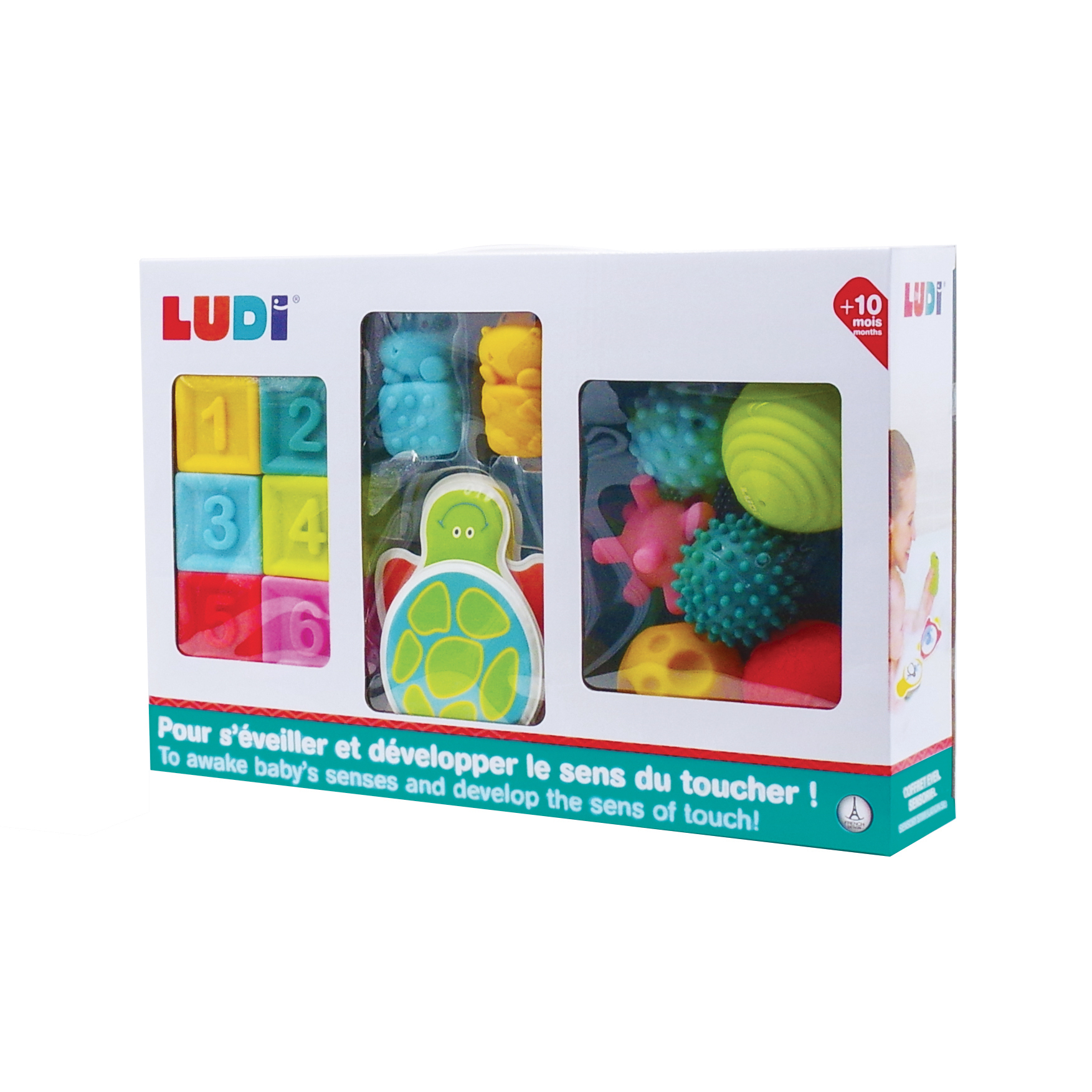 LUDI Spielzeugset mit Zahlenwürfeln, Spielfiguren und sensorischen Bällen.