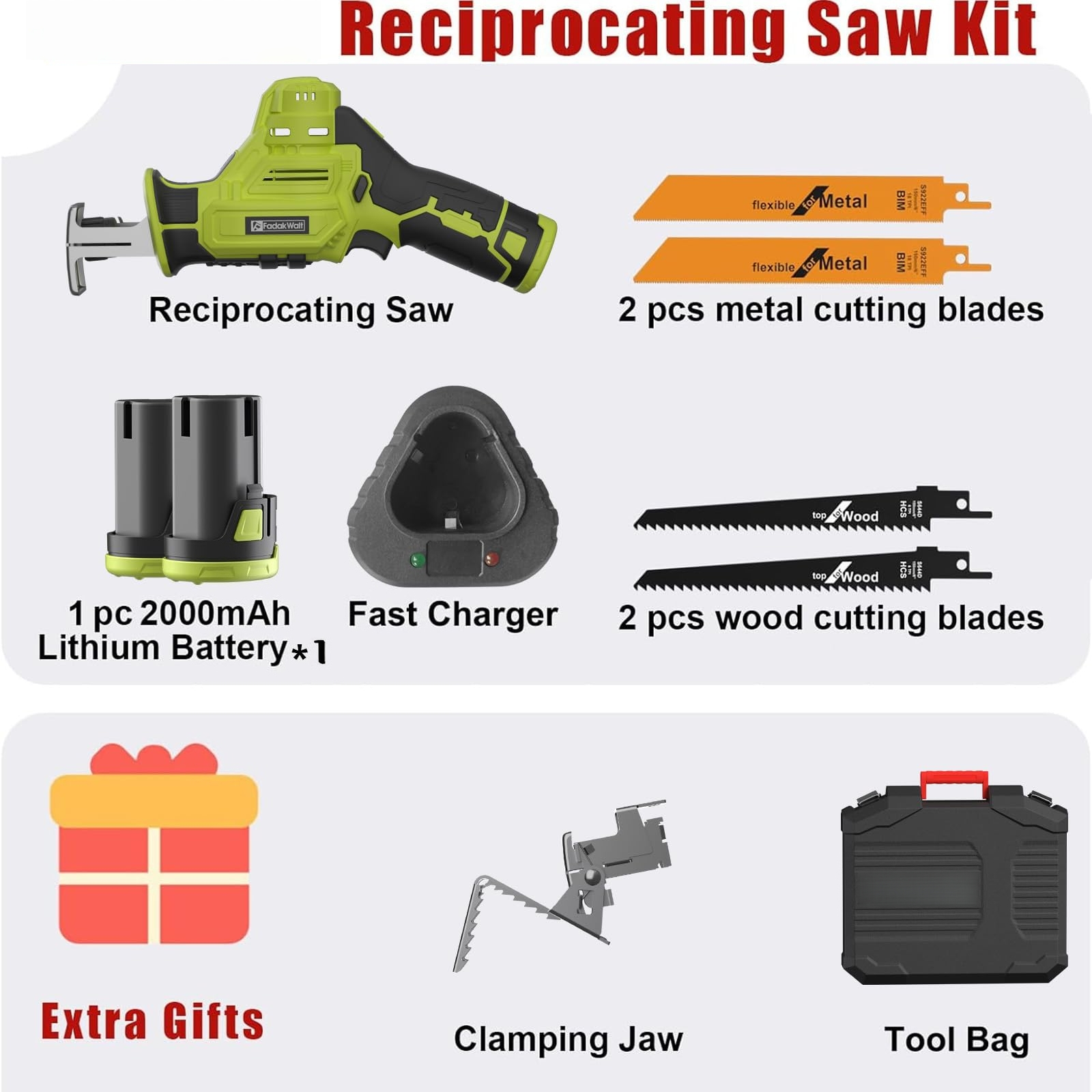 Ein Reciprocating Saw Kit mit Säge, Akku, Ladegerät, Klingen und Zubehör.