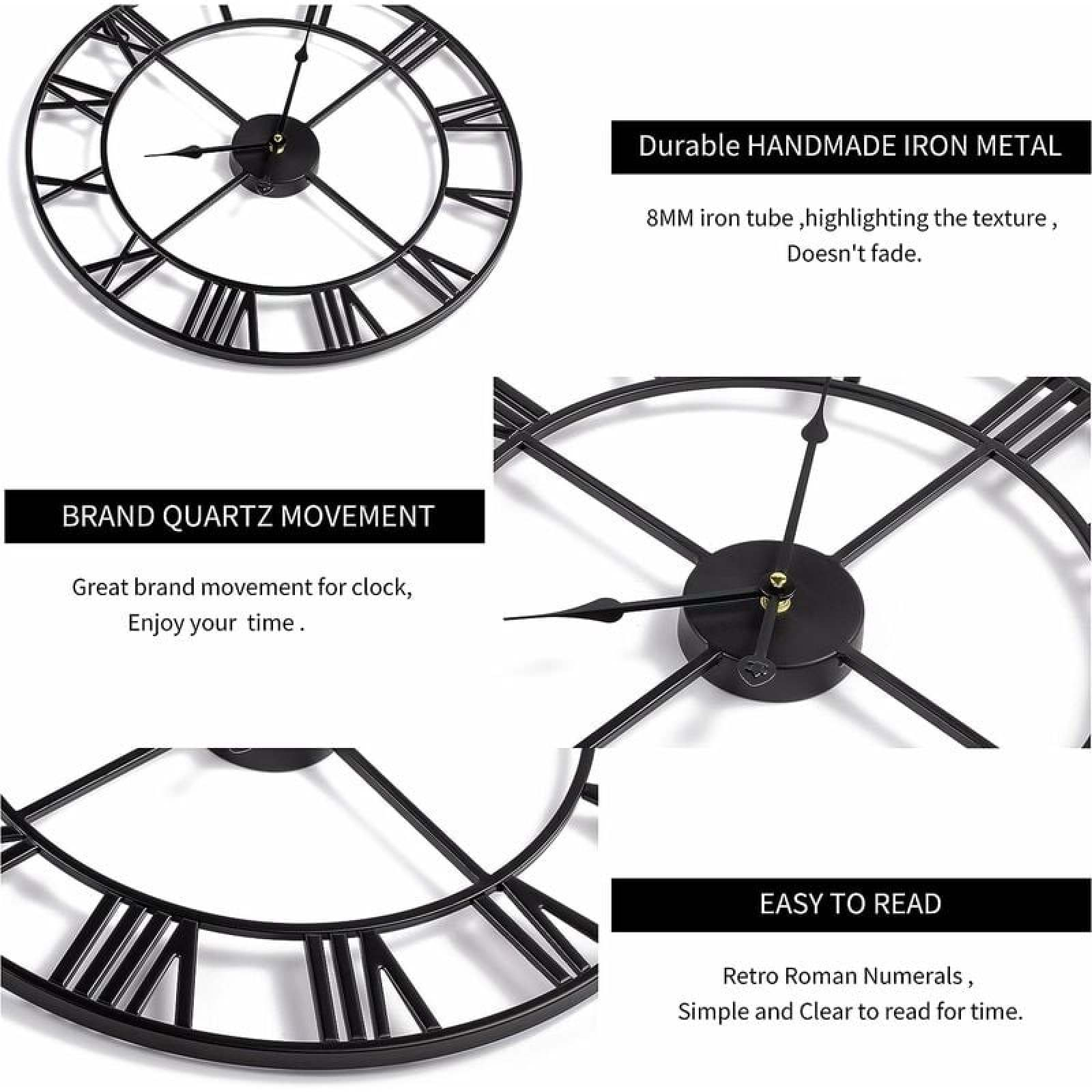 Schwarze Wanduhr mit römischen Ziffern und Metallrahmen. Nahaufnahme des Uhrwerks und der Ziffern.