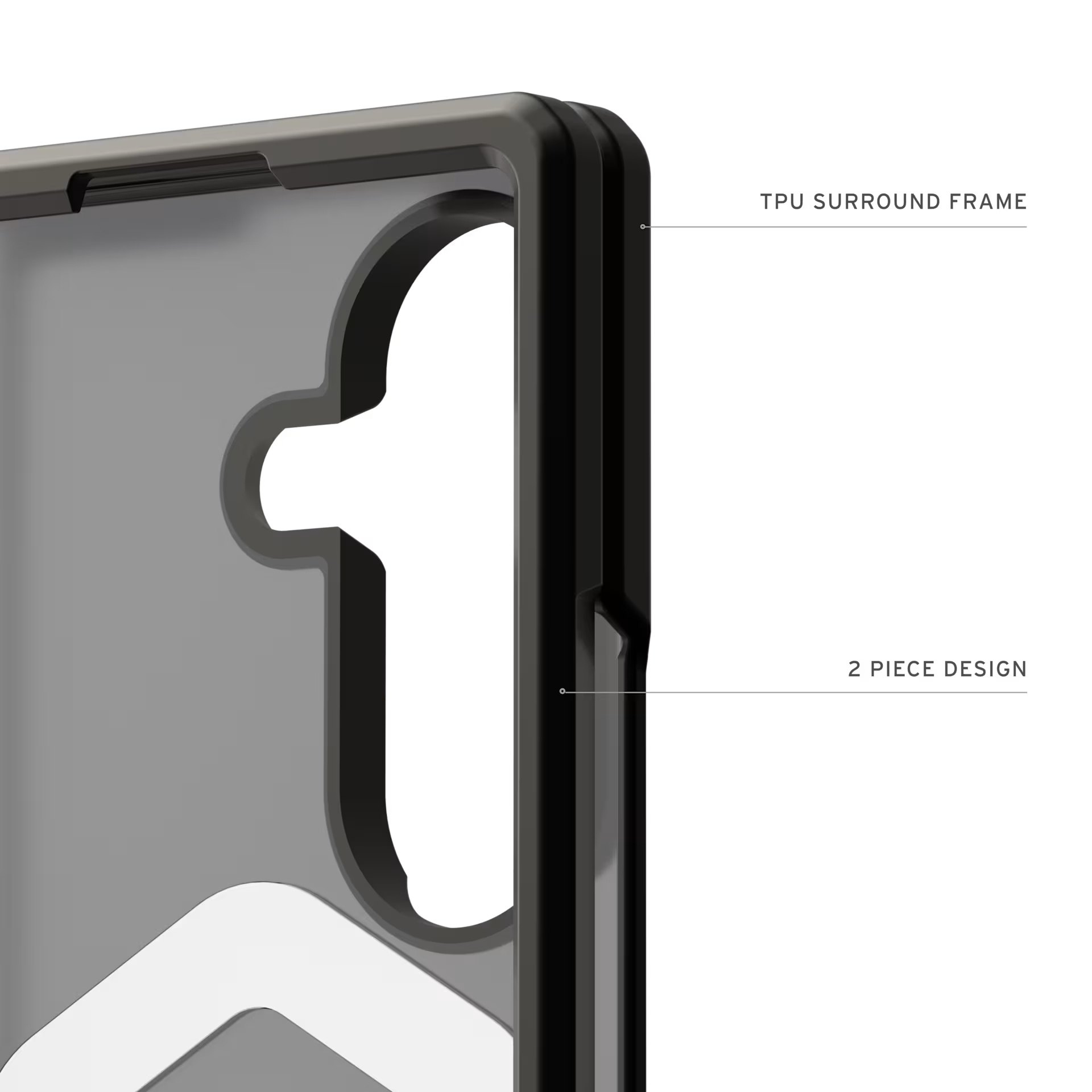 Eine Nahaufnahme einer schwarz-grauen Handyhülle, die ihren TPU-Umgebungsrahmen und ihr zweiteiliges Design zeigt.