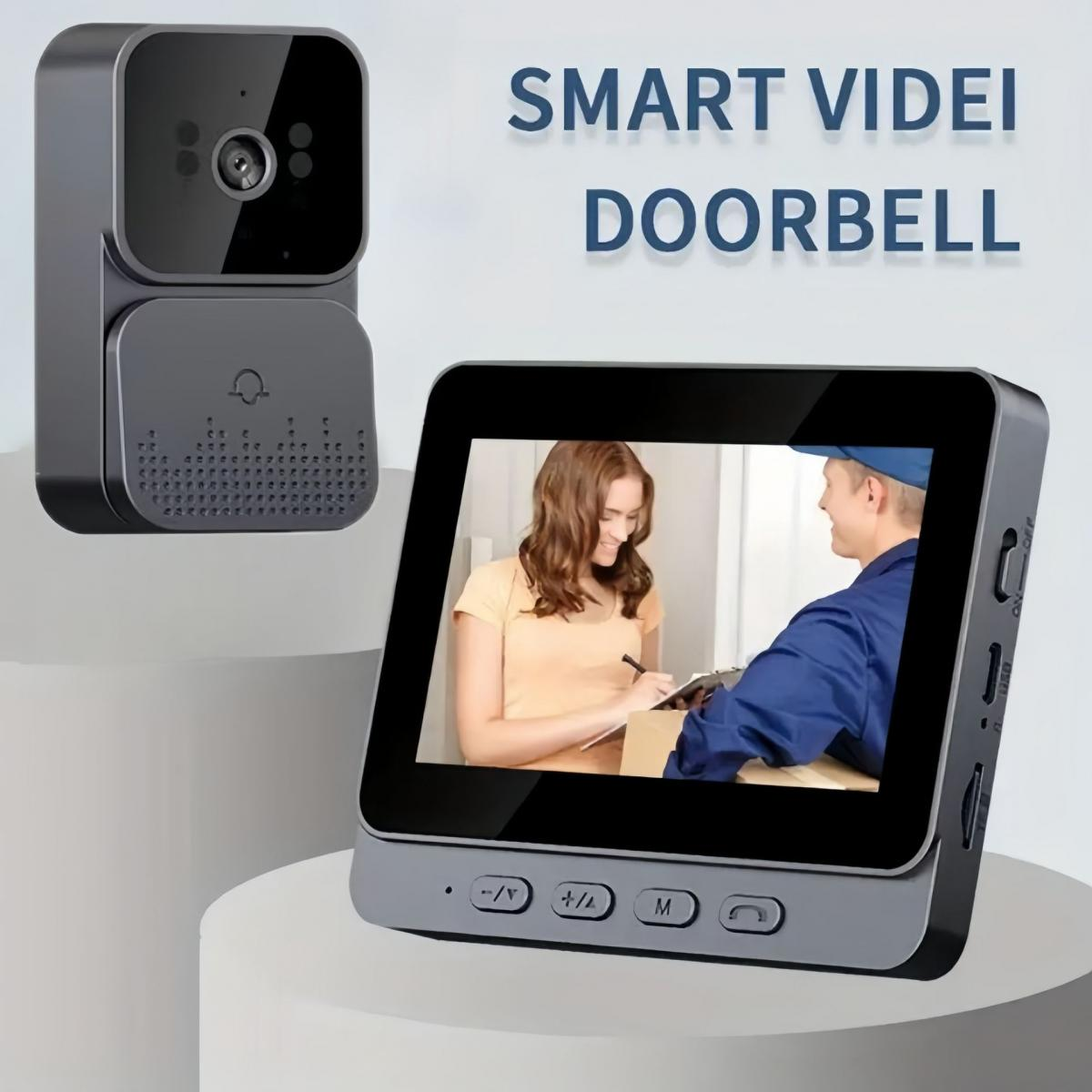 Ein Smart-Videotürklingel-Set mit Kamera und Bildschirm, zeigt Mann und Frau.