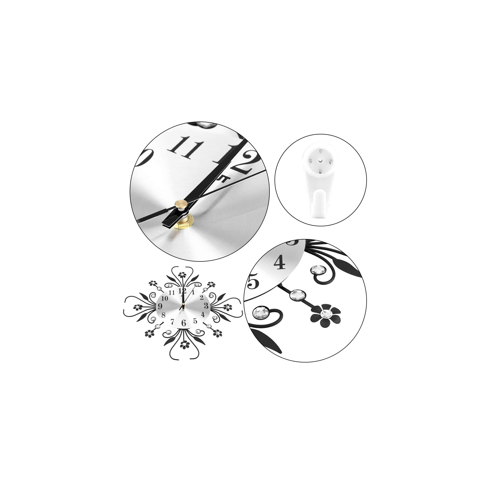 Detailaufnahme einer Wanduhr mit schwarzen Zierelementen und Kristallen.