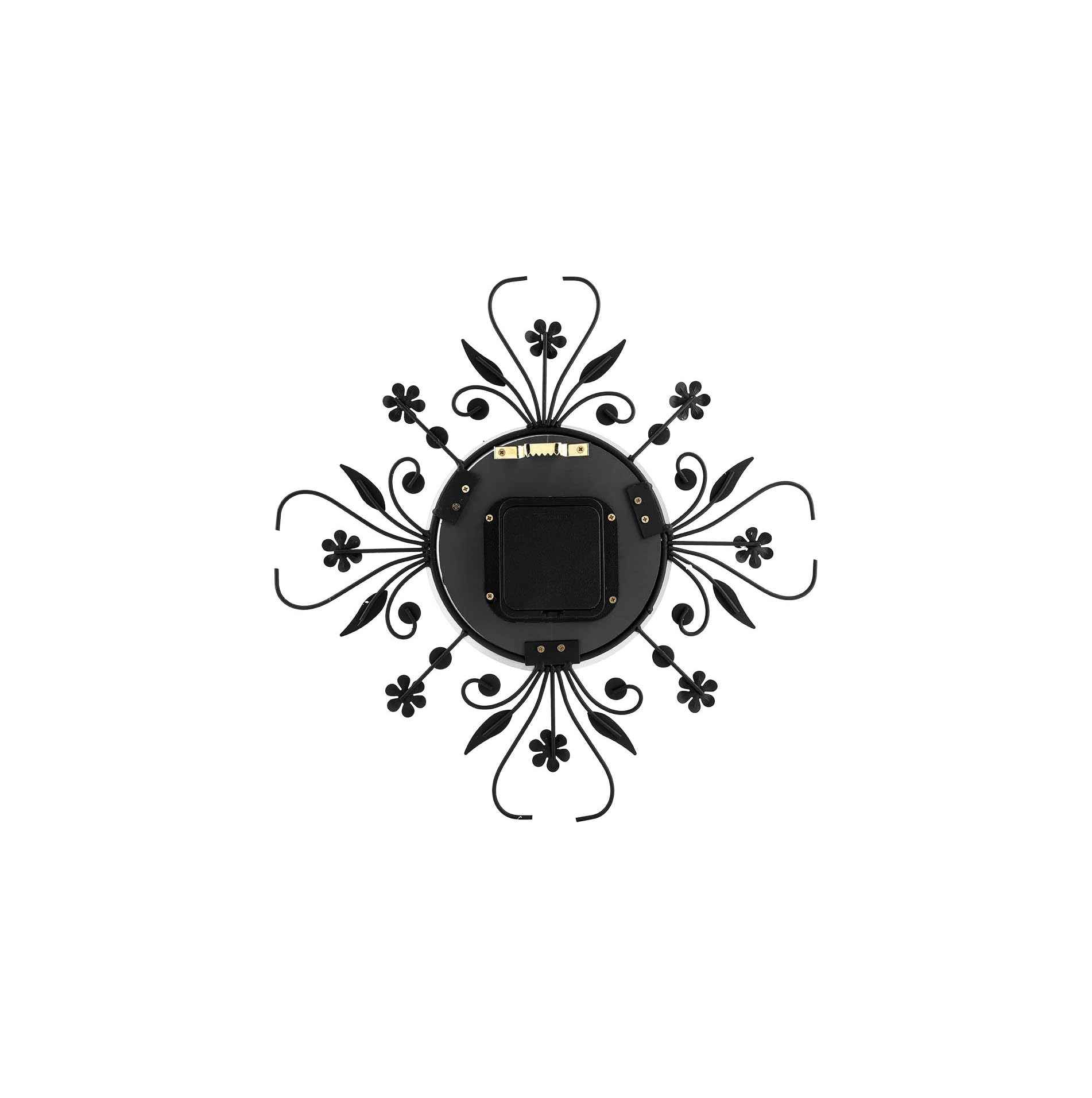Rückseite einer schwarzen Wanddeko mit floralem Design und Aufhängevorrichtung.
