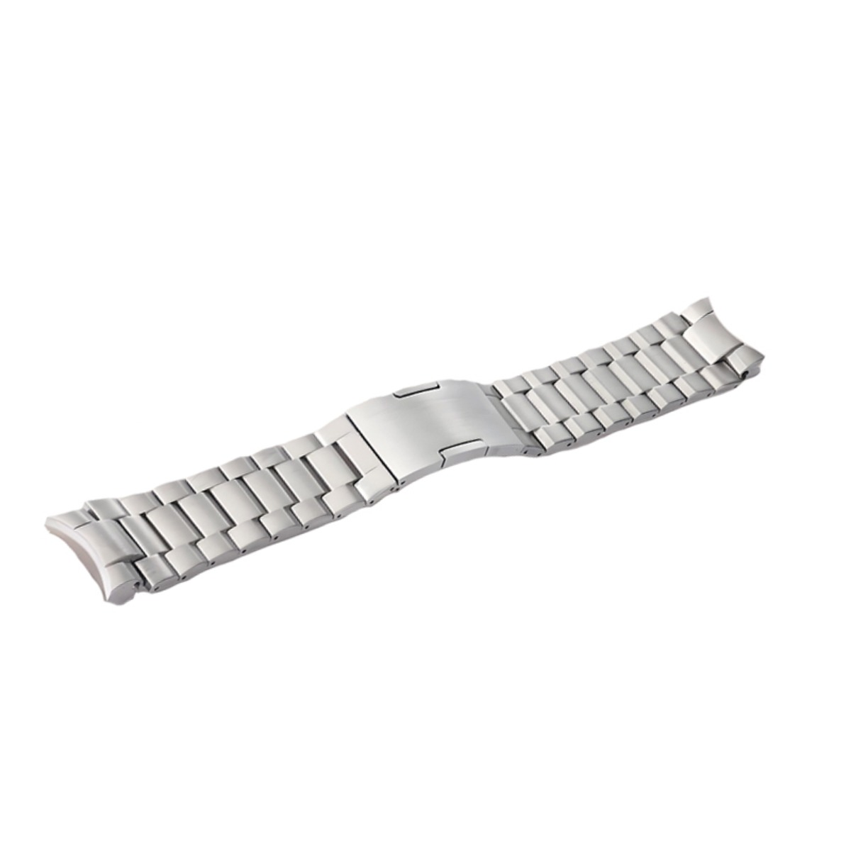 Ein silbernes Metall-Uhrenarmband mit Gliedern und einer Faltschließe.