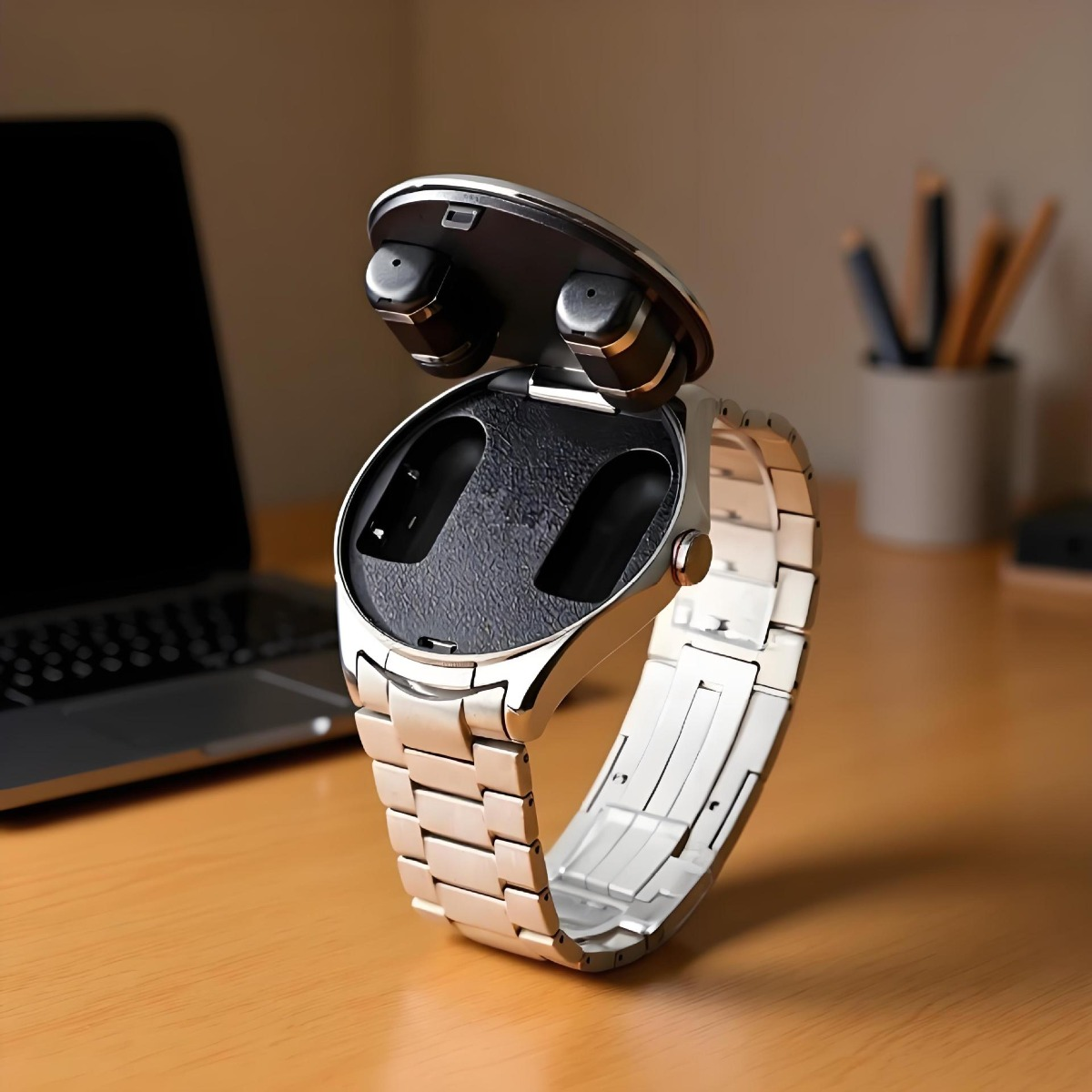 Ein silbernes Smartwatch-Gehäuse mit geöffnetem Deckel, das Ohrhörer zeigt, auf einem Holztisch.