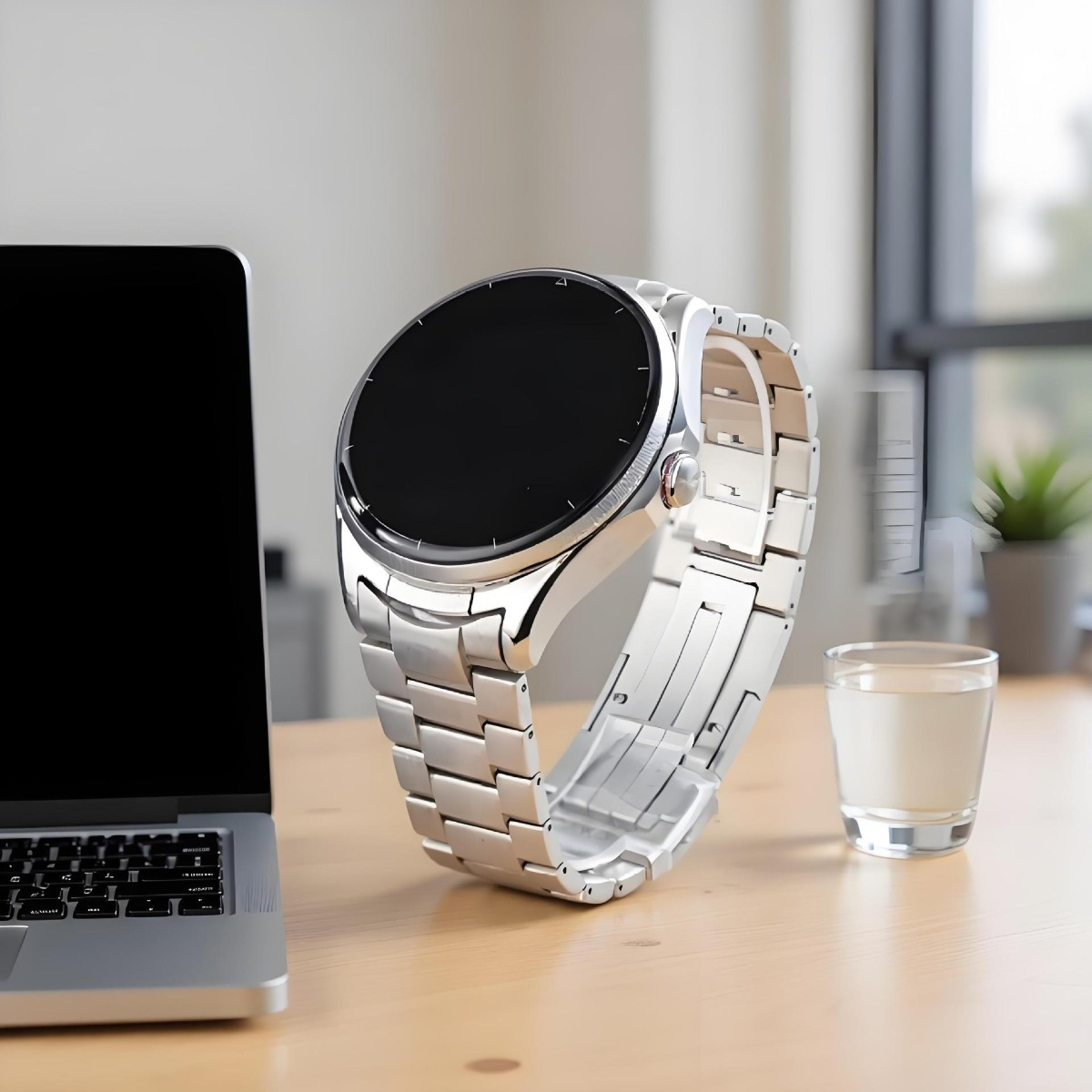 Silberne Smartwatch mit schwarzem Display neben Laptop und Glas Wasser.
