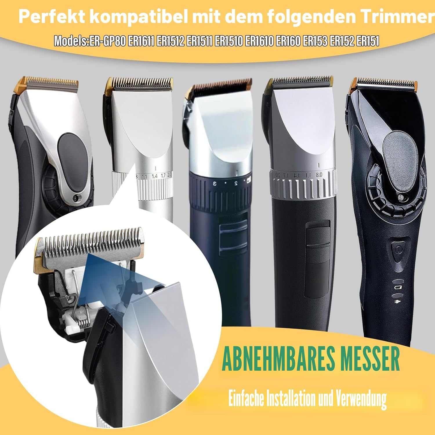 Mehrere Haarschneidemaschinen mit Fokus auf abnehmbare Klingen.