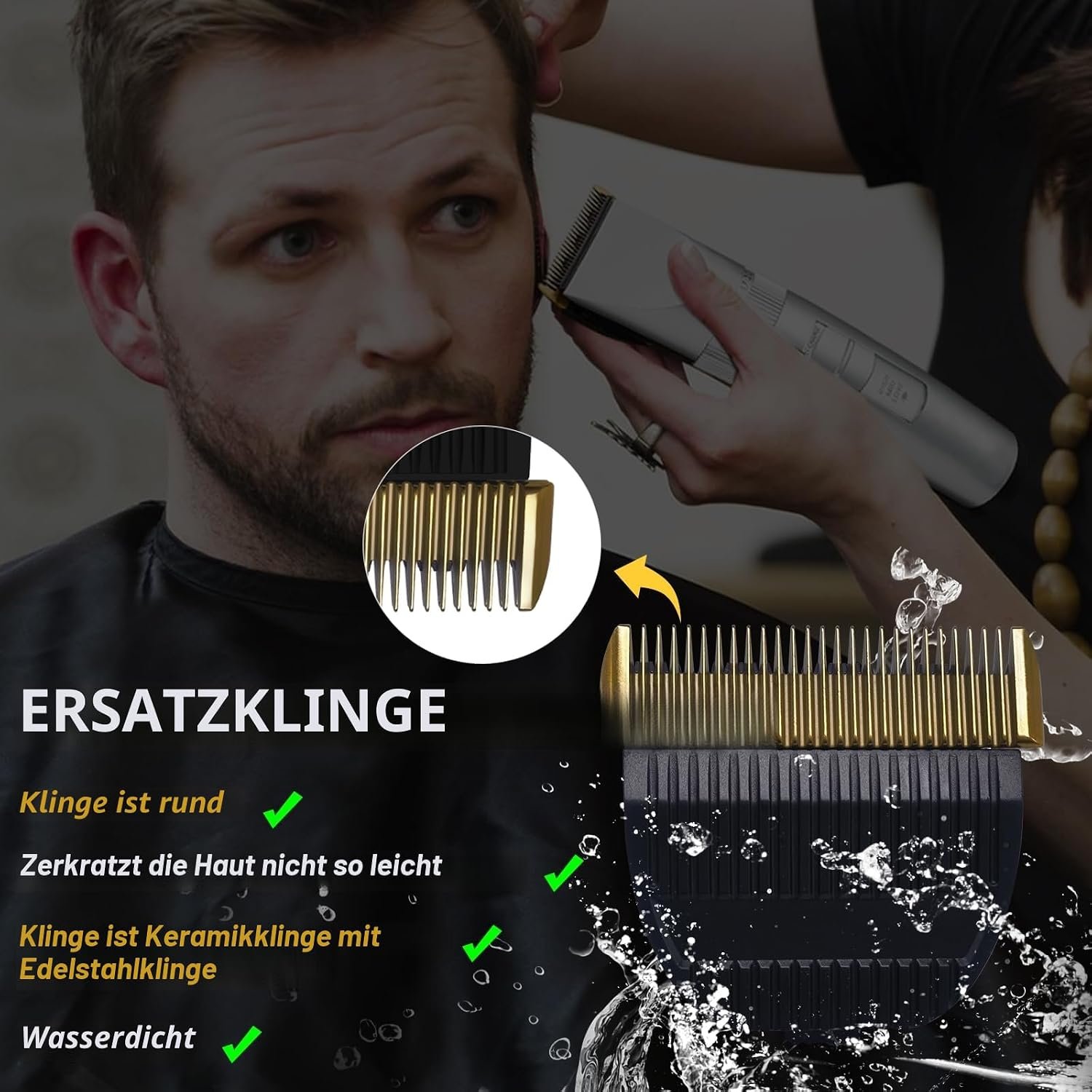 Ein Mann wird von einer Person mit einem Haarschneider frisiert. Ersatzklinge gezeigt.