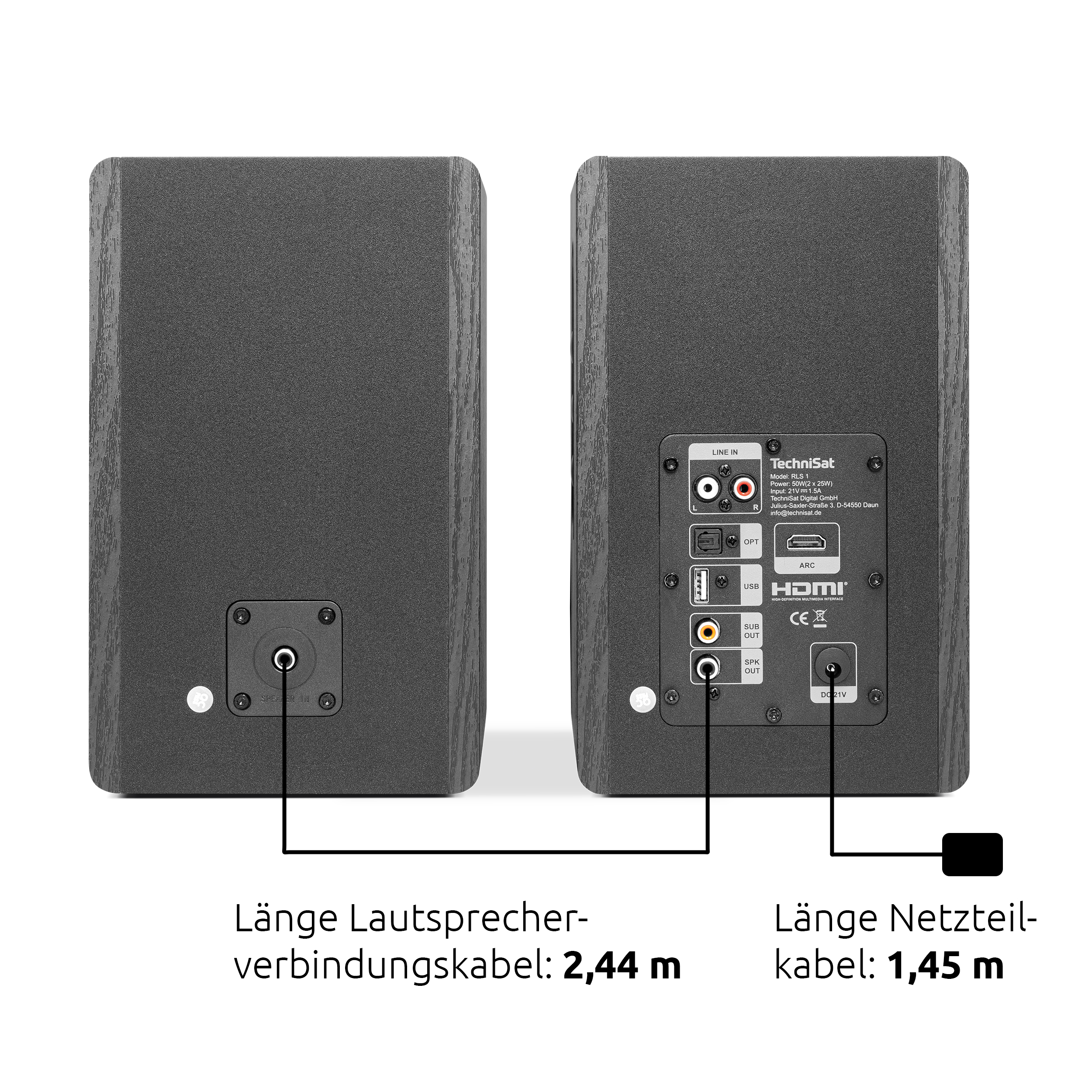 Rückseite von zwei schwarzen Lautsprechern mit Anschlüssen und Kabeln.
