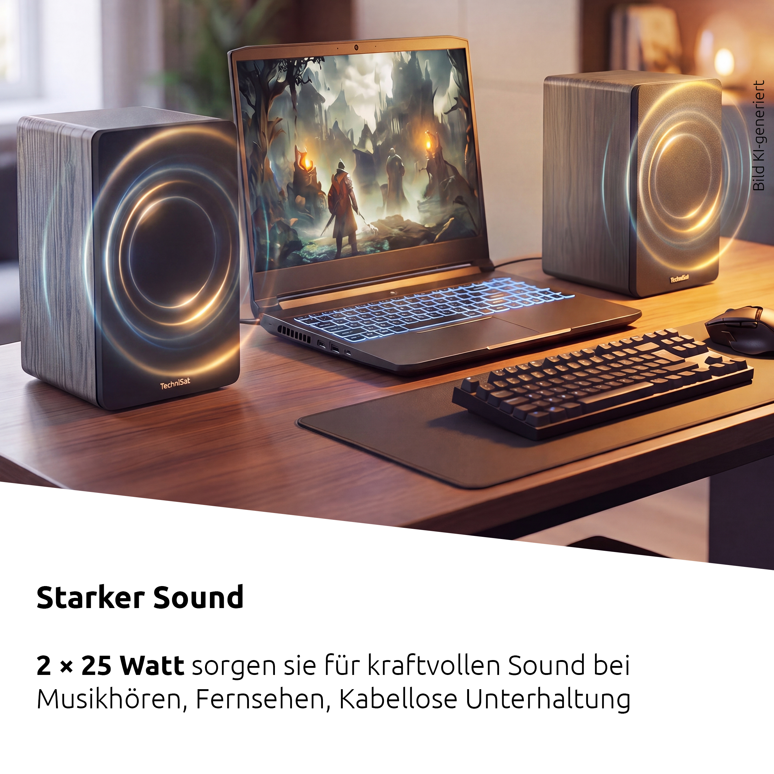 Zwei Lautsprecher neben einem Laptop mit beleuchteter Tastatur.