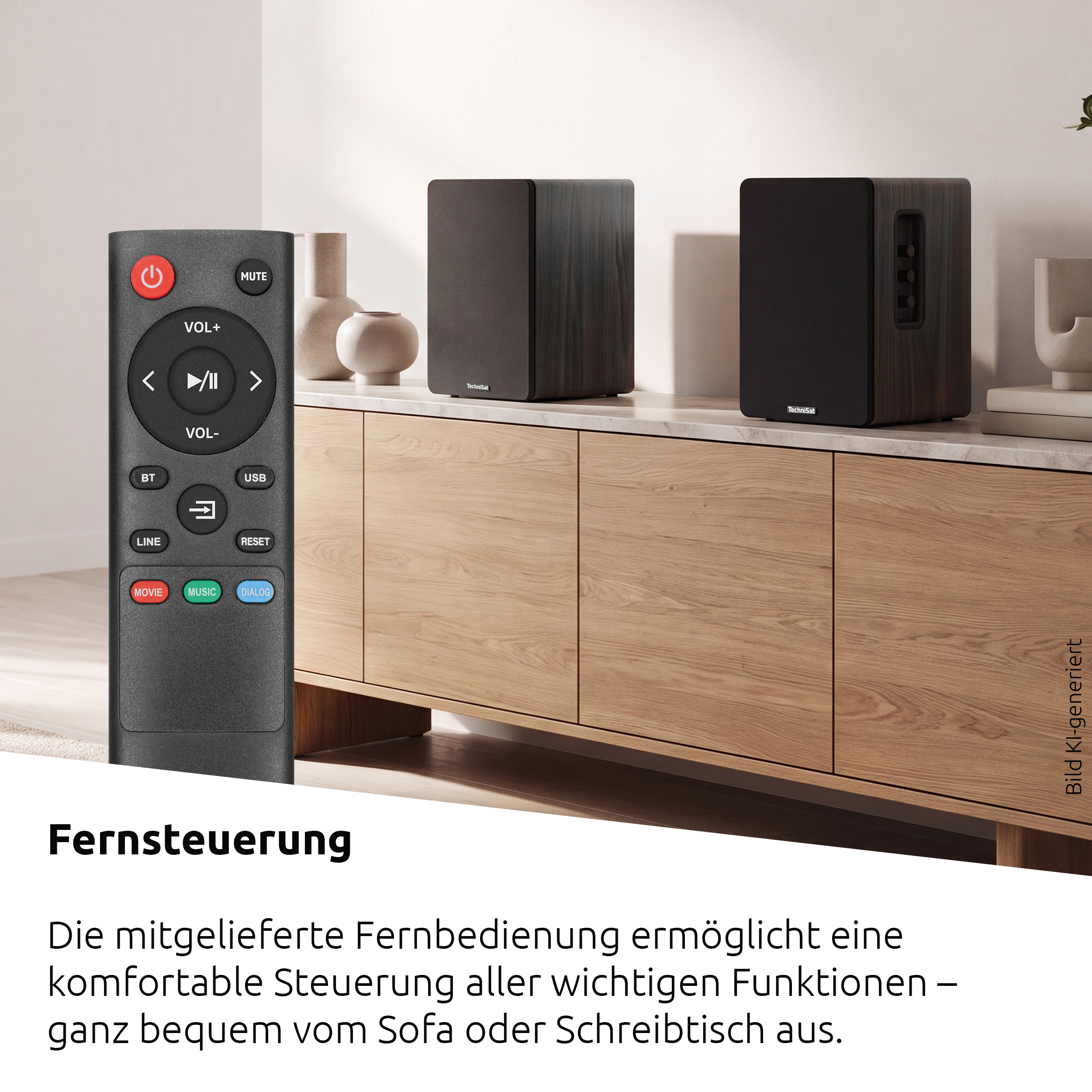 Fernbedienung mit Lautstärke-, Wiedergabe- und Modustasten vor Lautsprechern.