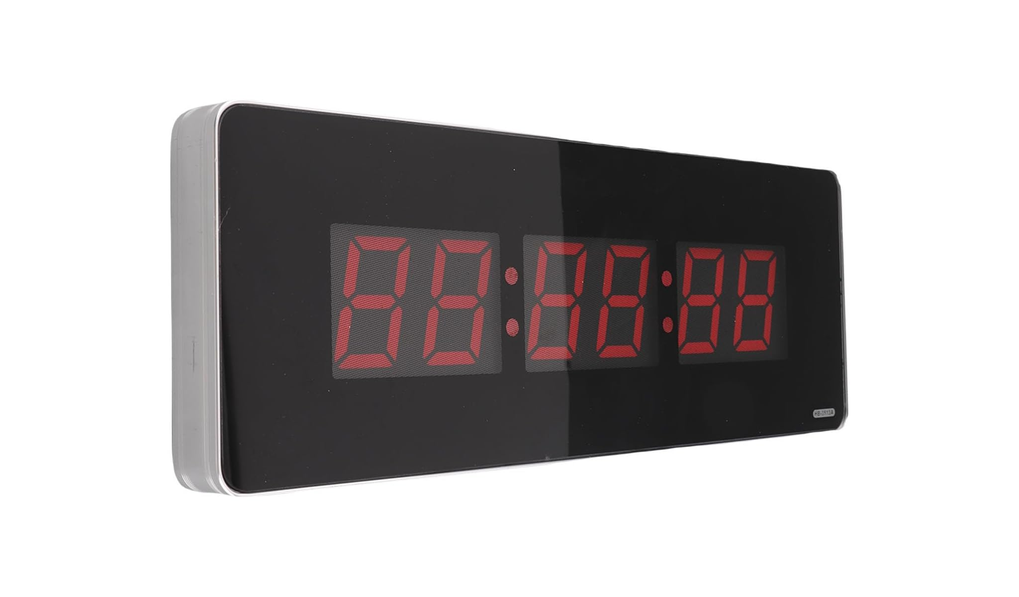 Digitaluhr mit roten Ziffern auf schwarzem Hintergrund und silbernem Rahmen.