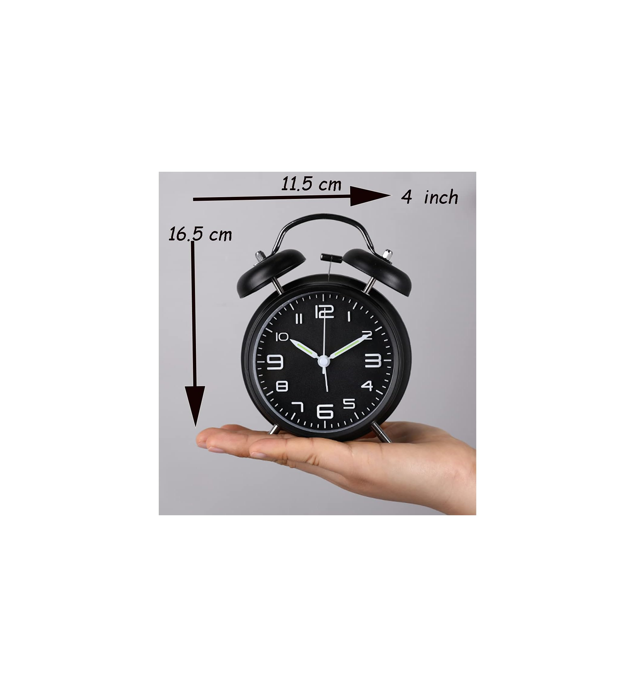 Ein schwarzer Wecker mit zwei Glocken und Messungen von 16,5 cm und 11,5 cm.