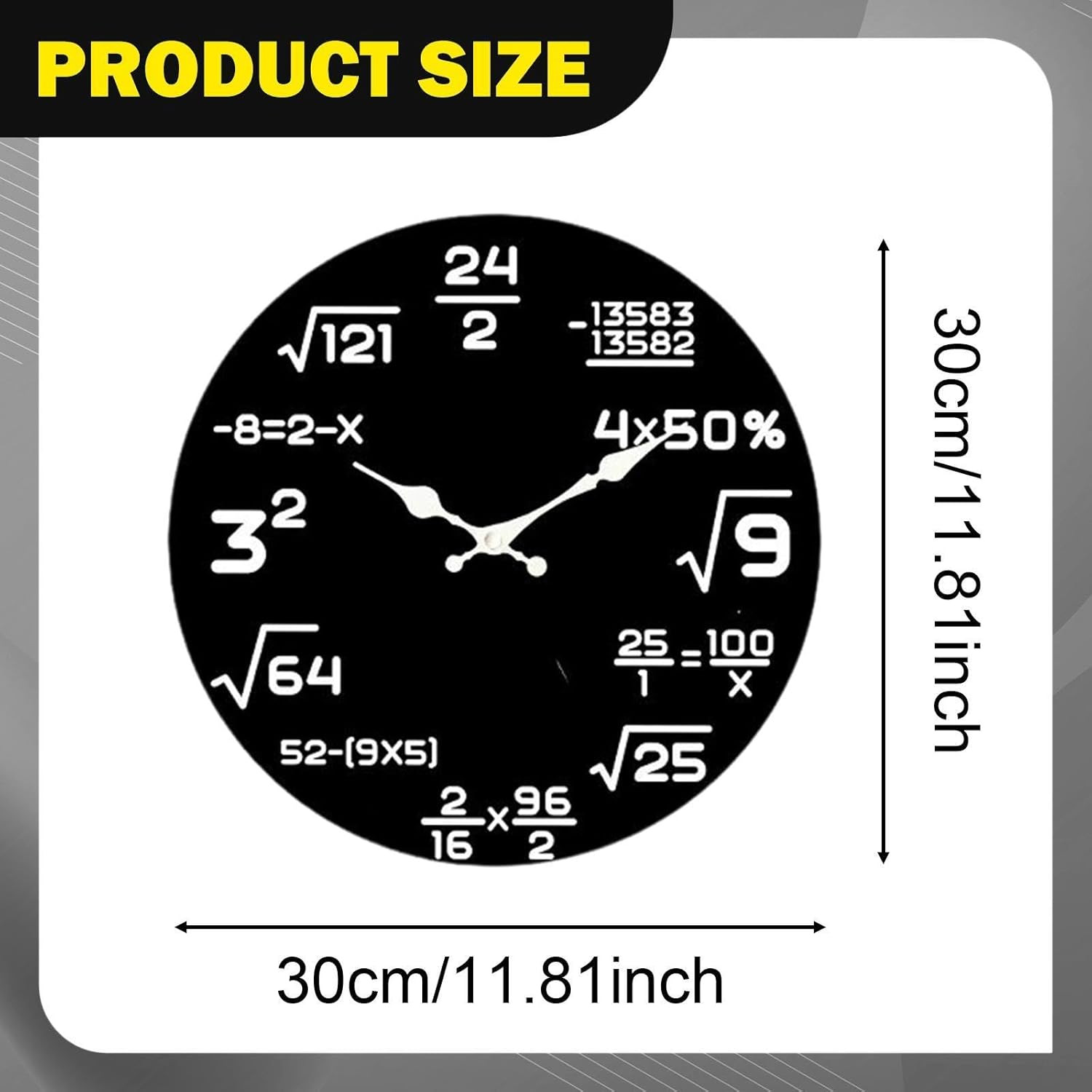 Schwarze Uhr mit mathematischen Gleichungen anstelle von Zahlen. Maße 30cm/11,81 Zoll.
